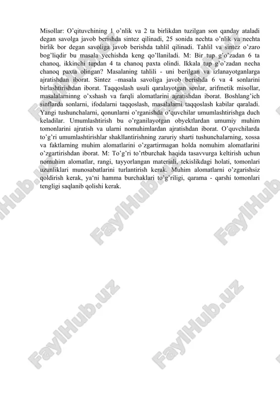 a chiqaradi. 3. amaliy metodlar. malaka va ko’nikmalarni shakllantirish va mukammalashtirish jarayoni bilan bog’liq bo’lgan metodlar o’qitishning amaliy metodlari hisoblanadi. 41 xususan, bunday metodlarga yozma va og’zaki mashqlar, amaliy va laboratoriya ishlari, mustaqil ishlarning ba‘zi turlari kiradi.mashqlar asosan mustahkamlash va bilimlarni tatbiq qilish, malaka va ko’nikmalarni shakllantirish vazifasini bajaradi. mashq deb, biror amalni o’zlashtirish yoki mustahkamlash maqsadida rejali ravishda tashkil qilingan takroriy bajarishga aytiladi. induksiya, deduksiya, analogiya. bu uchta metod yangi bilimlarni egallashning har bir holi asosida yotuvchi xulosalarning xususiyatlariga qarab bir – biridan farq qiladi. induksiya metodi bilishning shunday yo’liki, bunda o’qituvchining fikri birlikdan umumiylikka, xususiy xulosalardan umumiy xulosalarga boradi. bu metoddan foydalanib biror qonuniyatni yechish yoki qoidani chiqarish uchun o’qituvchi misollar, masalalar, ko’rsatmali materiallarni puxtalik bilan tanlaydi. m: 1–sinf o’quvchilariga yig’indi bilan qo’shiluvchi orasidagi bog’lanishni tushuntirish uchun o’quvchilarni xulosaga induktiv yo’l bilan olib kelamiz. 4+3=7, 7-4=3, 7-3=4. kabi bir qator mashqlar bajarilgandan keyin o’quvchilar quyidagicha umumiy xulosani ifodalaydilar. …