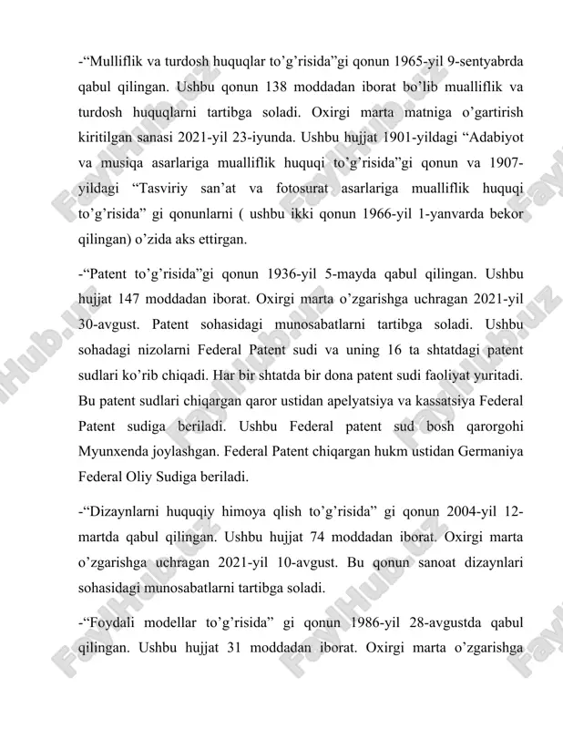 xalqaro shartnomalar. -jahon mualliflik huquqi shartnomasi 1952-yil 6-sentyabrda jenevada qabul qilingan. gfr 1955-yil 16-sentyabrda ratifikatsiya qilgan. -fonogramma ishlab chiqaruvchilarni ularning fonogrammalarini ruxsatsiz takrorlashdan himoya qilish to'g'risidagi konventsiya 1971-yil 29- oktyabrda jenevada qabul qilingan. gfr 1974-yil 18-mayda ratifikatsiya qilgan. -wipo mualliflik huquqi shartnomasi 1996-yil 20-dekabrda qabul qilingan. gfr 1996-yil 20-dekabrda ratifikatsiya qilgan. -tovar belgilarini xalqaro ro'yxatga olish bo'yicha madrid kelishuvi 1891- yil 14-aprelda qabul qilingan. gfr 1922-yil 1-dekabrda ratifikatsiya qilgan. -tovar belgilarini xalqaro ro'yxatga olish to'g'risidagi madrid kelishuviga protokol 19898-yil 27-iyunda qabul qilingan. gfr 1996-yil 29-martda ratifikatsiya qilgan. -sanoat namunalarining xalqaro depoziti to'g'risidagi gaaga konventsiyasi 1925-yil 6-noyabrda qabul qilingan. gfr 1928-yil 1-iyunda ratifikatsiya qilgan. -patent sohasida xalqaro hamkorlik to'g'risidagi shartnoma 1970-yil 19- iyunda qabul qilingan. gfr 1978-yil 24-yanvarda ratifikatsiya qilgan. iii. xulosa. gfr da intellektual mulk huquqini himoya qilishda faqat federal idoralar va qonunlarning o’zigina emas huquqiy ongi baland odamlar ham ishtirok etadi. chunki federal qonunlardagi tartiblarni joy-joyiga qo’yish uchun ham …