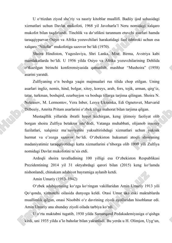 1935) to‘plami shoir ijodidagi ko‘tarilishdan darak beradi. “farzand” (1937), “sadoqat” (1938), “qo‘shiqlar”, “ijod bog‘ida” kabi to‘plamlari ketma-ket yaratildi. shoir bu yillarda toshkent pedagogika institutida muallimlik qildi. “guliston” jurnalida, o‘zbekiston davlat nashriyotida faollik ko‘rsatdi, tarjimon va munaqqid sifatida qalam tebratdi. amin umariy “she’rlar”, “bolalik qo‘shiqlari”, “ovozim”, “quyosh jarchisi” (1939–1941) kabi to‘plamlar nashr qildi, bolalar shoiri sifatida “bolalik qo‘shiqlari” (1938) kitobini chop ettirdi. amin umariy urush yillarida yana ham jonbozlik ko‘rsatib, o‘sha davrning jangovar ruhi bilan sug‘orilgan “qasamyod” (1942) she’riy to‘plamini yaratdi. u dramaturg sifatida k. yashin bilan birga “hamza” (1941), tuyg‘un bilan birga “qasos” dramalarini yozdi. “asad” (1932), “qozon yo‘li” (1938), “toshotar” (1939) kabi hikoya va ocherklar to‘plamlarini ham e’lon qildi. shoir va dramaturg, yozuvchi va tarjimon amin umariy ijodi avji qaynagan davrda, 1942 yil 14 noyabrda og‘ir xastalikdan bevaqt vafot etdi. zafar diyor (1912–1946) o‘zbek bolalar adabiyotining ko‘zga ko‘ringan vakillaridan biri zafar diyor 1912 yili namangan viloyatining chust tumanida, kambag‘al …