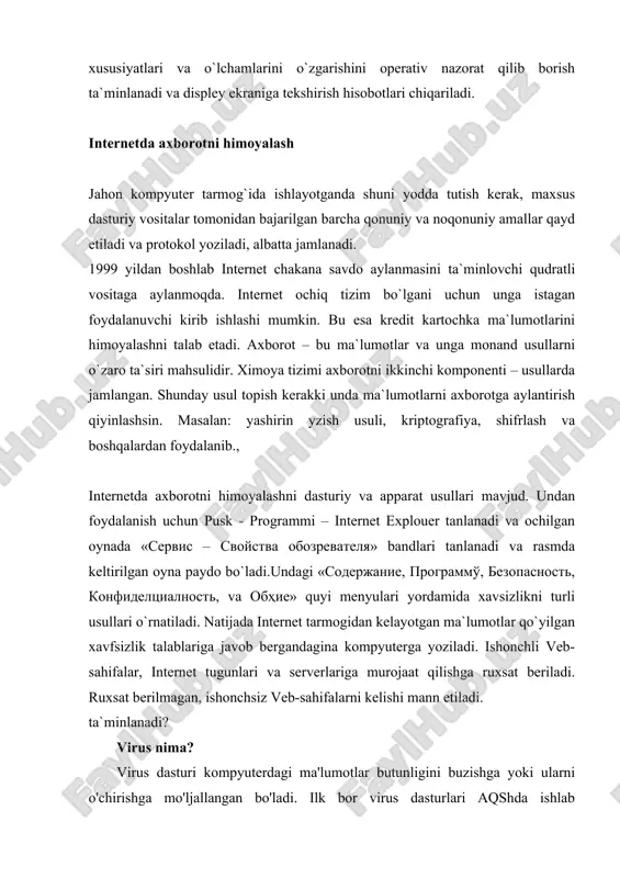 dan keyin bu 1000000000 dan ortib ketishi mumkin. aniqrogi kompyuter xotirasidagi bush joylarni band kilishi mumkin. xuddi shunday vokea 1988 yili amerikada sodir bulgan. global set orkali uzatilayotgan informastiya orkali virus bir kompyuterdan boshkasiga utib yurgan. bu virus morris viru si deb atalgan. ma’lumotlarni virus kanday yuk kilishi mumkin degan savolga shunday javob berish mumkin: 1. virus nusxalari boshka dasturlarga tez ko’payib utib oladi; 2. kalendar buyicha 13-sana juma kunga tugri kelsa hamma hujjatlarni yuk kiladi (uchiradi). buni hammaga ma’lum «jerusalem» («time» virusi xam deb ataladi) virusi juda «yaxshi» amalga oshiradi. ko’p xollarda bilib bulmaydi, virus kaerdan paydo buldi. kompyuter viruslari - ko’payuvchi, dasturlarni {|ts||ga kuchib olishi, yomon okibatlar keltirib chikaruvchi dasturlardir. lekin ular kat’iy bir kurinishda bulishi belgilab kuyilmagan. virusni aniqlanishi shundagi, u kompyuter sistemasida joylashib va ko’payib borishiga bog'liq. misol uchun, nazariy jixatdan operativ sistemada virus davolab bulmaydi. bajaruvchi kodning soxasini tuzish va uzgartirish ta’kiklangan sistema misol bulishi …