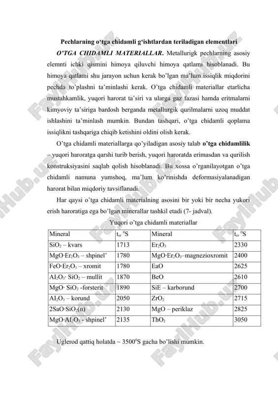 qolipli va o’lchamli g’isht, stakan ko’rinishidagi qoliplangan materiallar ishlab chiqaradi. qoliplangan o’tga chidamli materiallar ishlab chiqarish uchun mo’ljallangan aralashmalarga ozroq miqdorda bog’lovchi birikmalar: sao, smola va b. lar qo’shiladi. o’tga chidamli materiallarning xossalari. o’tga chidamli materiallar ishlash davomida himoya qatlamiga ta’sir qiladigan qurilish va zarbali yuklariga bardosh berish uchun etarlicha mustahkamlikka ega bo’lishlari kerak. talab etiladigan mustahkamlik yuqori haroratda ham saqlanish kerak. o’tga chidamli materiallarning mexanik mustahkamligi uni siqishga qarshilik ko’rsatishi bilan baholanadi. zichlik oshirilishi (g’ovaklik kamayishi) bilan mustahkamlik oshadi. yuqori haroratlarga o’tga chidamli materiallarning bardoshligi yuk ostida deformasiyalanish harorati bilan tavsiflanadi. haroratga bardoshlilik o’tga chidamli materiallarning harorat birdan o’zgarganda mustahkamligini saqlab qolish qobiliyatini tavsiflaydi. bunday hollarda o’tga chidamli materiallarning emirilishiga ma’lum haroratda ayirim minerallarni modifikasiyasi (tarkibiy tuzilishi) o’zgarishi natijasidagi ichki kuchlanish sabab bo’ladi. o’tga chidamlilik ko’rsatkichi o’tga chidamli material namunasi emirilgunga qadar bardosh bergan issiqlik almashinuvi miqdorini ko’rsatadi. o’tga chidamli materiallarning muhim tavsiflaridan biri ularning g’ovakligi hisoblanadi. bu xususiyat …
