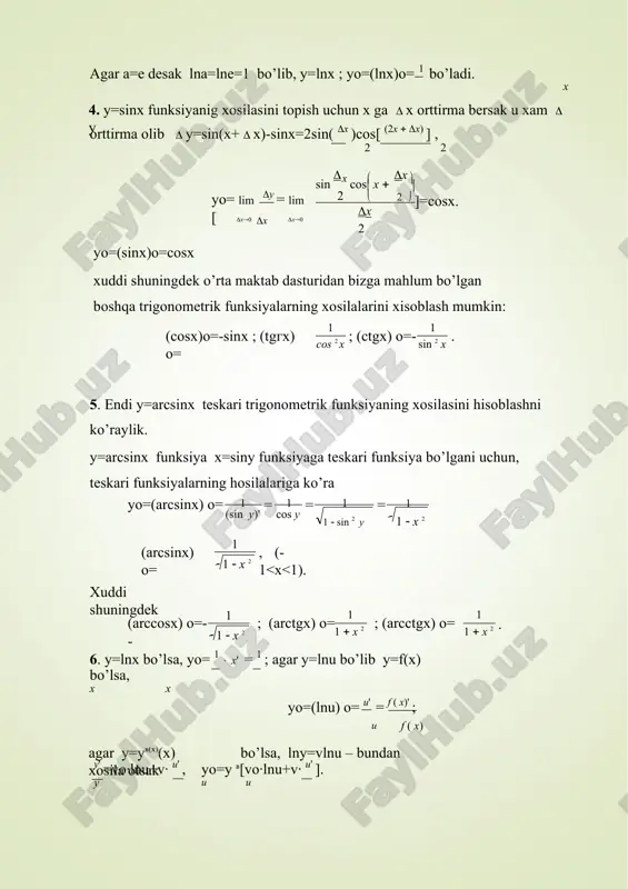 u ) = du  v  u  dv (v(x)  0) v v 2 differensialning taqribiy xisoblarga tatbiqi. agar y=fo(x)= lim x0 y x chekli limit mavjud bo’lsa,  y=fo(x)  x+  x (  x 0 da   0 cheksiz kichik funksiya) yoki  y=dy+  x  y =1+ x =1+ dy dy f ' ( x)x f ' ( x)  x =1+  lim y = lim (1+ x0 dy x0 f ' ( x) )=1   y  dy  f(x+  x)-f(x)  f o(x)  x yoki y(x+  x)  y(x)+y o(x)  x misol. sin 310= sin (300+10)= sin (  +  );  x=  6 180 180 ; x+  x=300+10 = 6  +  180 ; sin(300+10)= sin (  +  )  sin  + sin x' ∙ 6 …