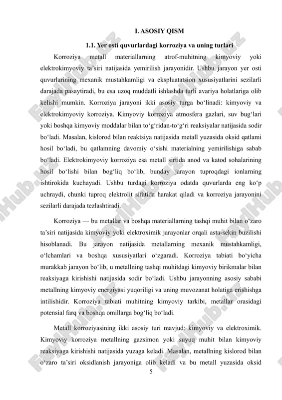 yoki asoslar) metall yuzalarining tezroq buzilishiga olib keladi. harorat oshishi bilan korroziya jarayonining tezligi ham oshadi, chunki yuqori harorat reaksiyalarni faollashtiradi. namlik esa, ayniqsa, elektroximik korroziyada muhim omil hisoblanadi, chunki suv elektroleit sifatida harakat qiladi va elektrokimyoviy jarayonlarni tezlashtiradi. bundan tashqari, tashqi muhitdagi kislorod va boshqa gazlarning miqdori, atmosfera bosimi va boshqa omillar ham korroziya jarayoniga ta’sir ko‘rsatadi. shu sababli, metall yuzalarini himoya qilishda ushbu omillarni inobatga olish muhimdir. korroziyaning rivojlanishiga ta’sir qiluvchi omillar keng qamrovli bo‘lib, ularga tuproqning fizik-kimyoviy xususiyatlari, atrof-muhit sharoitlari va metallning tarkibi kiradi. tuproqning namligi, ionlarning kontsentratsiyasi va ph darajasi quvurlar yuzasidagi kimyoviy reaksiyalarning intensivligini belgilovchi asosiy omillardir. shuningdek, atmosfera harorati va namligi ham korroziya jarayoniga bevosita ta’sir qiladi. metallning o‘zi esa struktura va tarkibdagi homogenlik darajasi bilan korroziyaga chidamliligini belgilaydi. ushbu muammolarni bartaraf etish uchun zamonaviy korroziyaga qarshi himoya vositalaridan foydalanish zarur. himoya qoplamalari, katodik himoya tizimlari va maxsus izolyatsiya materiallari korroziya jarayonini sekinlashtirish yoki …