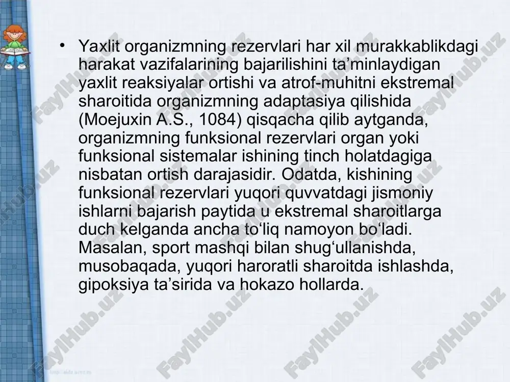 tkazish uslubiyatiga yaqinlashtiriladi. yuklamalar dinamikasi, sport mashqlari uchun xarakterli bo‘lgan darajaga yetadi. qizlar bilan mashg‘ulot o‘tkazilayotganda mushaklar va kichik tos a'zolarini avaylash, ichki qorin bosimi oshishini keltirib chiqaradigan mashqlardan qochish lozim bo‘ladi. bu nafasni tutib turish, kuchanish, og‘ir narsalarni ko‘tarish, chuqurlikka sakrash mashqlariga taalluqlidir. darslar mundarijasi, yuklamalarni me'yorlashtirish va jismoniy tayyorgarlikni baholash jinsga bog‘liq holda tabaqalashtiriladi. bu yoshda o‘quvchilarning fizika, kimyo, biologiya dars¬larida olgan bilimlariga tayangan holda, jismoniy mashqlarni mustaqil ravishda tahlil qilish qobiliyatini rivojlantirish zarur bo‘ladi. harakat malakasi va uning shakllanishi. harakat qilish (chopish, yurish, tana a'zolarining bukilib yozilib ish bajarishi va hokoza) oddiy holat bo’lmasdan, balki uning murakkabligiga qarab, nerv, suyak muskul tizimi tegishli darajada ishtirok qiladigan, hamda ma'lum energiya sarflanib amalga oshiriladigan biomexnik jarayondir. sportchining harakati esa yana murakkabroq, u aniq va maqsadga muvofiq bo’lishi uchun harakatning har bir qismi markaziy nerv tizimi tomonidan toboro mukammallashtirilib boriladi. har qanday harakatni boshqarishda markaziy nerv tizimidan tarqalgan birgina efferent …