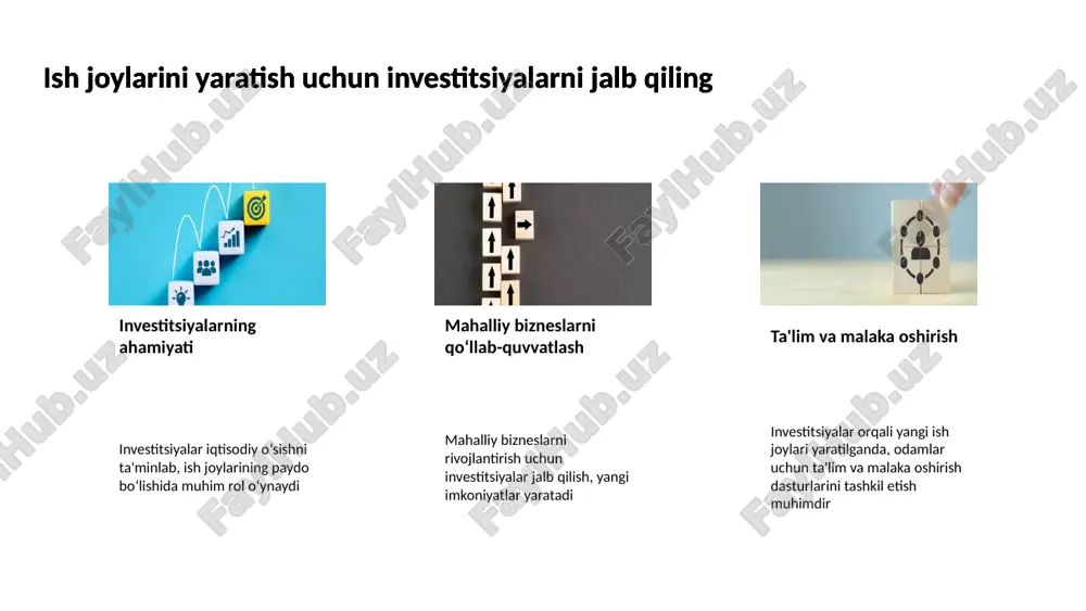 am beradigan innovatsion dasturlar va stajirovkalar taqdim etilishi zarur 8 ishsizlikka qarshi strategiyalarni ishlab chiqish uchun tadqiqot o'tkazing iqtisodiy o'sishni rag'batlantirish iqtisodiy o'sishni ta'minlash uchun yangi ish o'rinlarini yaratish va kichik bizneslarni qo'llab-quvvatlash muhim ahamiyatga ega ishsizlikka qarshi strategiyalarni ishlab chiqish uchun tadqiqot o'tkazing ta'lim va malaka oshirish ishsizlikka qarshi kurashishda ta'lim tizimini takomillashtirish va kasb-hunar ta'limini rivojlantirish muhim rol o'ynaydi ishsizlikka qarshi strategiyalarni ishlab chiqish uchun tadqiqot o'tkazing ijtimoiy himoya dasturlari ijtimoiy himoya dasturlari orqali muhtoj oilalarga yordam berish va ishga joylashuvni qo'llab-quvvatlash ishchilarning iqtisodiy xavfsizligini oshiradi ishsizlikka qarshi strategiyalarni ishlab chiqish uchun tadqiqot o'tkazing innovatsion texnologiyalarni joriy etish innovatsion texnologiyalarni joriy etish orqali yangi ish o'rinlari yaratiladi va raqobatbardosh sohalar rivojlanadi 9 ish o'rinlarini yaratish uchun innovatsion yechimlarni qidiring yoshlarni tayyorlash yoshlarni kasb-hunar bo'yicha tayyorlash va ularga zamonaviy kasblarni o'rgatish orqali, yangi ish o'rinlari ochish uchun asosiy imkoniyatlar yaratiladi. ish o'rinlarini yaratish uchun innovatsion yechimlarni qidiring startaplarni rivojlantirish …