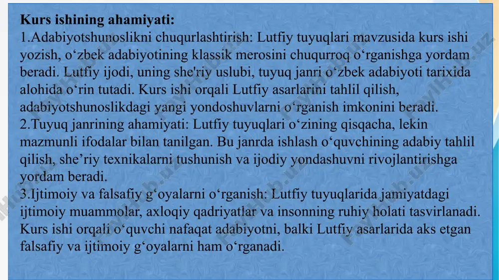 naviy ifodalarni o'z ichiga oladi. 2.metafora va tashbehlar: ◦ lutfiy tuyuqlari metafora va tashbehlarga boy. bu tasviriy vositalar orqali shoir chuqur ma'nolarni va his-tuyg'ularni ifodalaydi. 3.simvolika: ◦ tuyuqlarda turli simvolik obrazlar qo'llaniladi. bu obrazlar orqali shoir ko'pincha ko'proq ma'nolarni keltiradi. 4.ritm va ohang: ◦ shoir o'z tuyuqlarida ritm va ohangni mohirona uyg'unlashtiradi. bu esa tuyuqlarning musiqiyligini va ohangdorligini oshiradi. 5.hayotiy tajribalar aks ettirilishi: ◦ lutfiy tuyuqlarida hayotiy tajribalar, real voqea va hodisalar aks ettiriladi. bu tuyuqlarni o'qigan kishi ulardagi haqiqatni va hayotning o'zini his qiladi. 1. gazal gazal — lutfiy ijodidagi asosiy janrlardan biri bo‘lib, u o‘zining ishqiy va falsafiy mazmuni bilan o‘zbek adabiyotida muhim o‘rin tutadi. ishqiy mazmun: lutfiy gazallari o‘zida ilohiy va dunyoviy ishqni uyg‘unlashtirgan bo‘lib, ular o‘quvchini go‘zallikni anglash va sevgi mohiyatini chuqurroq idrok etishga undaydi. tasavvufiy ohang: uning gazallarida insonning xudoga intilishi va ruhiy kamolot masalalari hamda ishqni tasavvufiy tushunchalar orqali talqin qilish kuzatiladi. badiiy tasvir …