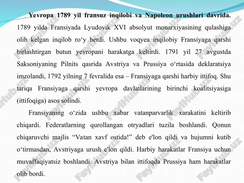 iq floti gangut (1714), grengam (1720) va boshqalar joylarda g‘alabaga erishdi. nishtadt sulh shartnomasi (1721) bu urushga yakun yasadi. unga ko‘ra, liflyandiya (riga bilan birga), estlyandiya (revel, narva bilan birga), kareliyaning bir qismi (keksgolm bilan birga), ingermanlandiya (ijor yeri), ezel va dago o.lari rossiyaga o‘tdi. rus qo‘shinlari tomonidan bosib olingan finlyandiya yerlarining ko‘p qismi shvetsiyaga qaytarildi. rossiya shvetsiyaga 2 mln. yefimka (pul birligi) miqdorida tovon to‘ladi, har ikki davlat o‘rtasidagi savdo munosabatlari tiklandi. avstriya-prussiya urushi (1866) — avstriya bilan prussiya o‘rtasida ko‘pdan beri davom etib kelgan janjalga barham bergan, germaniyani birlashtirishda qaysi nemis davlati hukmron bo‘lishi mumkin degan masalani hal etgan urush. prussiya kansleri bismark urushga diplomatik va harbiy jihatdan puxta tayyorlik ko‘rib, fransiya va rossiyaning bu urushda betaraf bo‘lishi to‘g‘risidagi va'dalarini oldi. urushning dastlabki kunlaridayok, avstriyaning ojizligi sezilib qoldi. 1866 yil 3 iyulda sadova yonida avstriyaliklarga qattiq zarba berildi. bu bilan avstriyaning bundan keyin germaniyani birlashtirish ishiga da'vogar bo‘lmasligi …