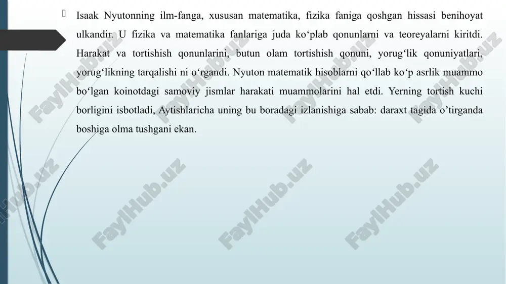 chga umumlashtirgan, hisoblash matematikasi sohasida tenglamalarni taqribiy yechish usuli va interpolyasiya formulasini topgan. uning algebra va geom.ga oid boshqa ishlari ham muhim. nuyuton fizika va kimyoning koʻp sohalariga katta taʼsir koʻrsatdi. baʼzi optik va kimyoviy hodisalarni tushuntirishda n. mexanik modellardan foydalandi. /docprops/thumbnail.jpeg