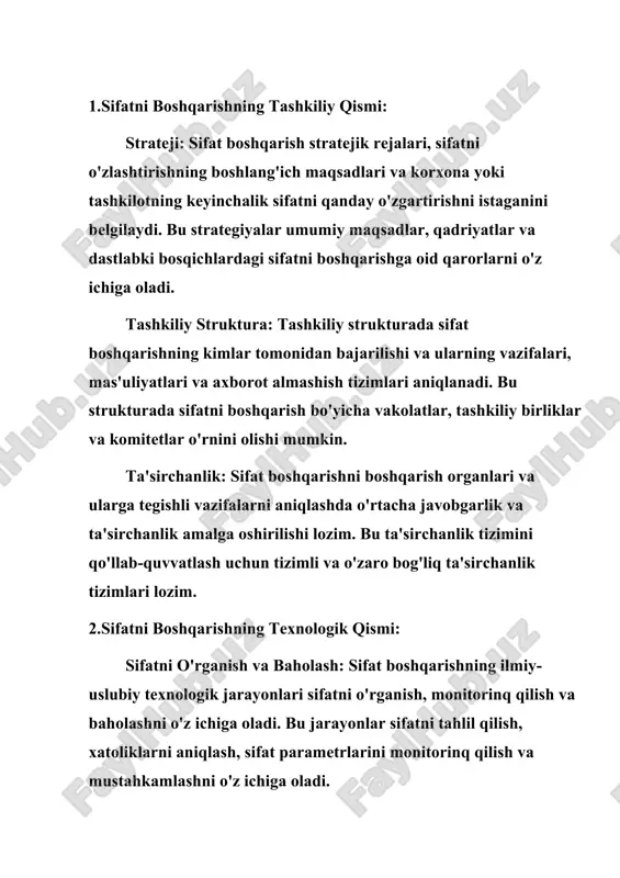 va interfeyslar tuziladi, testlar va sinovlar amalga oshiriladi. 3.ishlab chiqarish: dasturiy ta'minotni ishlab chiqarish jarayonida, dasturiy modellar va interfeyslar, dasturiy mahsulotni ishlab chiqarish va uni test qilishning amaliy qismi boshqariladi. bu jarayonda, dasturiy modellar va interfeyslar yaratiladi, testlar amalga oshiriladi va dasturiy xatoliklar aniqlanadi va to'g'rilanadi. 4.testlash va sertifikatlash: dasturiy ta'minotni ishlab chiqarish jarayonida, mahsulot testlari va sinovlari amalga oshiriladi, mahsulotning sifat standartlari va talablari bo'yicha baholash uchun test skriptlari yaratiladi va mahsulot sertifikatlash uchun sertifikatlar olinadi. 5.tashqi sinovlar va qabul qilish: dasturiy ta'minotni ishlab chiqarish jarayonida, mahsulotning tashqi sinovlari va qabul qilishlari amalga oshiriladi. bu bosqichda, xaridorga, foydalanuvchiga yoki qabul qiluvchiga dasturiy mahsulot taqdim etiladi va ularning fikrlari va takliflari qabul qilinadi. 6.o'zlashtirish va to'g'rilash: dasturiy ta'minotni ishlab chiqarish jarayonida, mahsulot tashqi sinovlari va qabul qilishlari natijalariga asosan, mahsulotning o'zlashtirilishi va to'g'rilanishi lozim. bu bosqichda, foydalanuvchilar fikrlari, takliflar va dasturiy modifikatsiyalar olib boriladi. sifatni boshqarish dasturiy ta'minotni ishlab chiqarish …