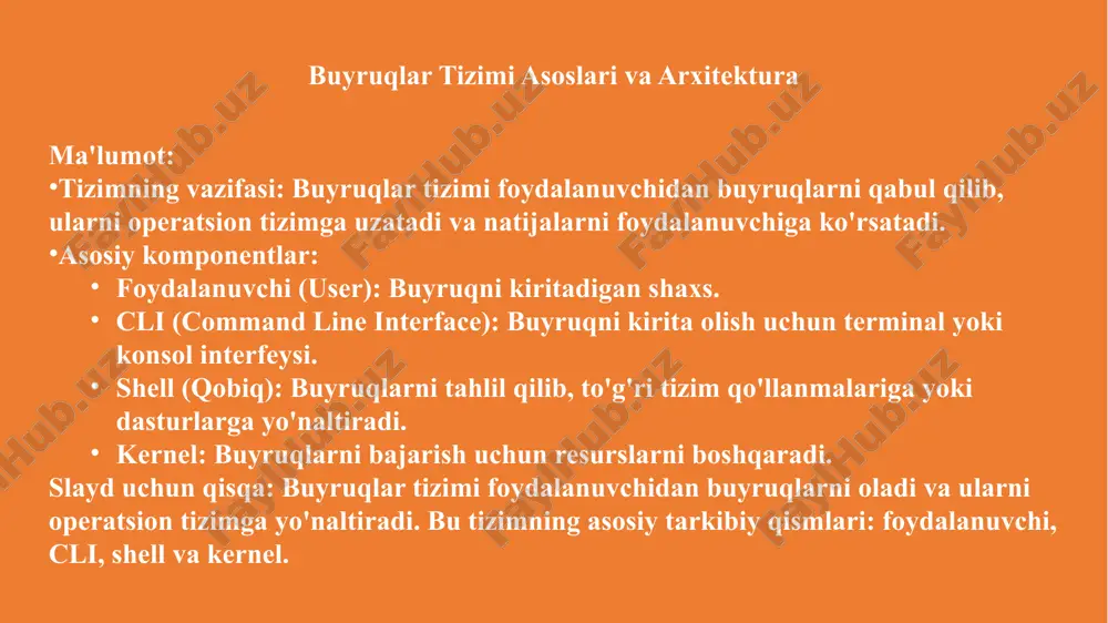 aat qiladi (masalan, fayl tizimi, protsessor). natijani qaytarish: tizim ishni bajarganidan so'ng, natija yoki xatolik xabari foydalanuvchiga ko'rsatiladi. slayd uchun qisqa: shell buyruqlarni tahlil qiladi va bajaradi, natijalar yoki xatoliklar foydalanuvchiga ko'rsatiladi. buyruqlarni qabul qilish va tahlil qilish ma'lumot: interfeysning turlari: cli (command line interface): oddiy matnli interfeys, foydalanuvchi buyruqni klaviatura orqali kiritadi. gui (graphical user interface): grafik interfeys, lekin cli buyruq tizimi bilan integratsiya qilish imkonini beradi. kengaytirilish: shell va buyruq tizimi turli skriptlar, plaginlar yoki o'zgaruvchilar orqali kengaytirilishi mumkin. masalan, bash yoki powershell foydalanuvchi uchun maxsus buyruqlar yaratishga imkon beradi. slayd uchun qisqa: buyruqlar tizimi interfeyslari (cli, gui) va kengaytirilish imkoniyatlari (skriptlar, plaginlar) orqali o'zgaruvchan va moslashtirilgan bo'lishi mumkin. buyruqlar tizimi arxitekturasi: interfeys va kengaytirilish ma'lumot: interfeysning turlari: cli (command line interface): oddiy matnli interfeys, foydalanuvchi buyruqni klaviatura orqali kiritadi. gui (graphical user interface): grafik interfeys, lekin cli buyruq tizimi bilan integratsiya qilish imkonini beradi. kengaytirilish: shell va …