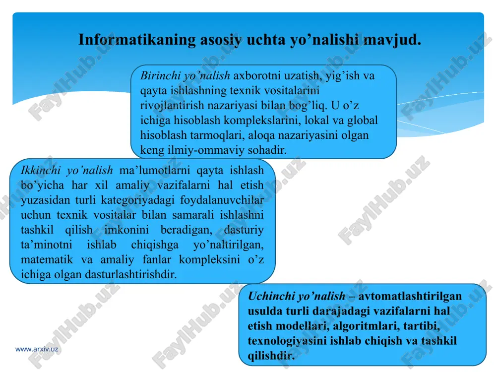 va uning xossalari. «axborot» so’zi lotincha “information” so’zidan olingan bo’lib, biror ish holati yoki kishi faoliyati haqida ma’lum qilish, xabar berish, biror narsa haqidagi ma’lumot, degan ma’noni anglatadi. informatika nazariyasida saqlash, qayta tuzish va uzatish ob’ekti sanalgan barcha ma’lumotlar axborot deb yuritiladi. axborot – bu, yaratuvchisi doirasida qolib ketmagan va xabarga aylangan, bilimlar noaniqligi, to’liqsizligi darajasini kamaytiradigan hamda og’zaki, yozma yoki boshqa usullar (shartli signallar, texnik vositalar, hisoblash vositalari va x.k.) orqali ifodalash mumkin bo’lgan atrof-muhit (ob’ektlar, voqea-hodisalar) to’g’risidagi ma’lumotlardir. www.arxiv.uz mazkur yo’nalishda quyidagilar muhim sanaladi: •axborot – bu har qanday ma’lumot emas, balki u mavjud noaniqliklarni kamaytiruvchi yangi bir ma’lumotdir; •axborot uni yaratuvchisidan tashqarida mavjud bo’ladi, u o’z yaratuvchisidan uzoqlashgan, inson tafakkurida aks etgan bilimdir; •axborot xabarga aylanadi, chunki u belgilar ko’rinishida ma’lum bir tilda ifodalangan; •xabar moddiy tashuvchiga yozib qo’yilishi mumkin (xabar axborotni uzatish shaklidir); •xabar uning muallifi ishtirokisiz aks ettirilishi mumkin; •u jamoat kommunikasiyasi kanallari orqali uzatiladi. …
