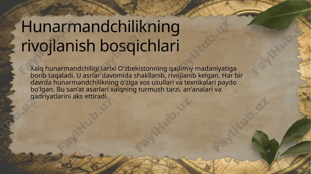 ahamiyati xalq hunarmandchiligi ahamiyati xalq hunarmandchiligining ahamiyati xalq hunarmandchiligining kelajagi hunarmandchilik va uning istiqboli e'tiboringiz uchun rahmat.