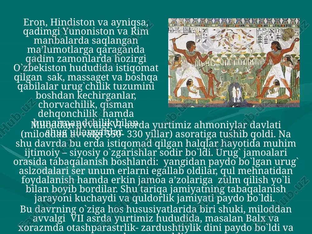 asida jabg`u (xitoy manbalarida chaovu) miloddan avvalgi ii-i asrlarda farg`onada mustaqil davlat bo`lgan. adabiyotlar: 1. karimov i a vata sajdagoh kabi muqaddasdir 3 jild toshkent : o`zbekiston 1996 2. karimov i bizdan ozod va obod vatan qolsin 2 jild toshkent: o`zbekiston 1996 3. ahmedov b a o`zbekiston tarixi manbalari toshkent o`qituvchi 2001 mavzu: o`rta osiyo tarixiga oid eng qadimgi manbalar reja: slide 3 slide 4 slide 5 slide 6 slide 7 slide 8 slide 9 slide 10 slide 11 adabiyotlar: