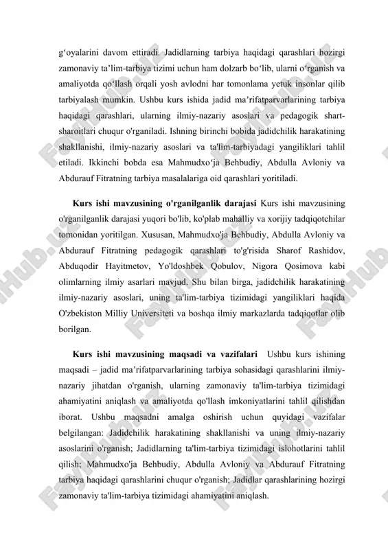rini rivojlantirishga intildilar. ular o'z asarlarida jamiyatni uyg'otish, milliy oʻzlikni anglash, zamonaviy fan-texnikani oʻrganish va madaniyatni yuksaltirish gʻoyalarini ilgari surdilar. shu tariqa, jadidchilik nafaqat maʼrifatparvarlik, balki milliy uygʻonishning kuchli harakatlantiruvchi kuchiga aylandi. xix asrning ikkinchi yarmida rossiya imperiyasining turkistonni bosib olishi va mintaqada mustamlakachilik siyosatini joriy etishi xalqning ijtimoiy-iqtisodiy hayotiga jiddiy oʻzgarishlar kiritdi. milliy madaniyat, til va taʼlim tizimi cheklangan holda qolib, zamonaviy bilimlar va madaniyatdan yiroq boʻlib qoldi. mahalliy aholining milliy oʻzligini anglash jarayoniga toʻsiq qoʻyildi va xalqning ijtimoiy ongi zaiflashdi. mustamlakachilik siyosati natijasida iqtisodiy tanazzul kuchayib, aholi turmush darajasi pasaydi. shu davrda xalq orasida maʼrifatga boʻlgan ehtiyoj kuchaydi, chunki zamonaviy bilimlar va ilm-fan taraqqiyotiga intilish o'sha davrning asosiy talablaridan biri edi. shu sababli, o'sha davr maʼrifatparvarlari xalqni savodsizlikdan qutqarish, ularni ilm-maʼrifat bilan yuksaltirish zaruratini his etdilar. ular zamonaviy ta'lim tizimini joriy etish, xalqning dunyoqarashini kengaytirish, madaniy va maʼnaviy uygʻonishga erishishni maqsad qilib qoʻydilar. jadidchilik harakati ana shunday ijtimoiy, …