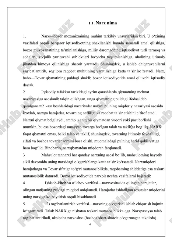 talab va taklifga bogʻliq. narx faqat qiymatni emas, balki talab va taklif, shuningdek, tovarning ijtimoiy foydaliligi, sifati va boshqa tovarlar oʻrnini bosa olishi, muomaladagi pulning harid qobiliyatiga ham bogʻliq. binobarin, narxqiymatdan miqdoran farqlanadi. 3 mahsulot tannarxi har qanday narxning asosi boʻlib, mahsulotning hayotiy sikli davomida uning narxidagi oʻzgarishlarga katta taʼsir koʻrsatadi. narxmiqdori harajatlarga va tovar sifatiga toʻgʻri mutanosiblikda, raqobatning shiddatiga esa teskari mutanosiblik daturadi. bozor iqtisodiyotida narxbir nechta vazifalarni bajaradi: 4 1)hisob-kitob va oʻlchov vazifasi—narxvositasida qilingan harajatlar, olingan natijaning puldagi miqdori aniqlanadi. harajatlar ishlatilgan resurslar miqdorini uning narxiga koʻpaytirish orqali hisoblanadi 5 2) ragʻbatlantirish vazifasi—narxning oʻzgarishi ishlab chiqarish hajmin ioʻzgartiradi. talab narx ga nisbatan teskari mutanosiblikka ega. narxpasaysa talab ragʻbatlantiriladi, aksincha,narxoshsa (boshqa shart-sharoit oʻzgarmagan takdirda) https://fayllar.org/makroiqtisodiyot-daromadlar-harajatlar-zaxiralar-oqimlar-muvoz.html https://fayllar.org/p-s-yaqinlarimizni-namozga-targib-etayapmizmi-va-aksincha-dost.html 5 taklif ragʻbat oladi. narxdagi oʻzgarish ishlab chiqaruvchilar va isteʼmolchilarga ishtiyoq bagʻishlaydi; 6 3)raqobat vositasi vazifasi — narxraqibni bozordan siqib chiqarish va bozorda oʻz mavqeini mustahkamlash uchun ishlatiladi. raqobatchilar narxni oʻzgartirib turish, uni …