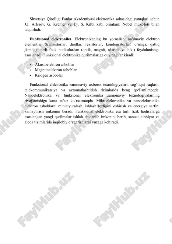 amonaviy nanoelektronika (2010-hozirgi kun) – karbon nanotubalar, spintronika va kvant hisoblash tizimlari. nanoelektronika rivojiga ta’sir ko‘rsatgan asosiy kashfiyotlari 1947-yil – birinchi tranzistor (bell labs, bardeen, brattain, shockley). 1959-yil – richard feynman nano miqyosdagi texnologiyalar haqida fikr bildirgan. 1981-yil – ibm olimlari skaning tunnel mikroskopi (stm) ixtiro qildi. 1991-yil – sumio iijima karbon nanotubalarni kashf qildi. 2000-yildan hozirgacha – grafen, kvant nuqtalar va spintronika rivojlanishi. 1.2 ananaviy elektronika va nanoelektronika o‘rtasidagi farqlar an’anaviy elektronika va nanoelektronika elektron qurilmalar va tizimlar bilan shug‘ullanadigan fan sohalari bo‘lib, ular orasidagi asosiy farq ishlash tamoyillari va komponentlarning hajmi bilan bog‘liq. an’anaviy elektronika mikron va undan yirik o‘lchamdagi tranzistorlar bilan ishlasa, nanoelektronika nanometr diapazondagi (1–100 nm) kvant effektlariga asoslangan qurilmalar bilan shug‘ullanadi. 1.2-jadval: asosiy farqlar jadvali xususiyat an’anaviy elektronika nanoelektronika o‘lcham mikron (1 µm = 1000 nm) yoki undan katta nano (1 nm - 100 nm) tranzistor turi mosfet, bipolyar tranzistorlar finfet, tunnel fet, cntfet ishlash …