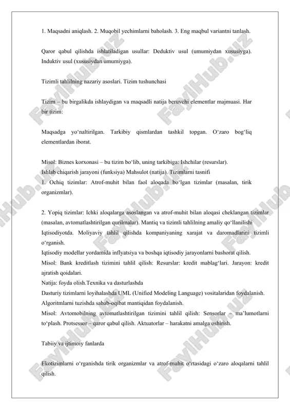 sh va o‘rganish: faktlar va raqamlarni to‘plash. 3. tizimni modellashtirish: matematik yoki grafik modellar yordamida tizimni ko‘rsatish. natijalarni baholash: modellashtirishdan olingan natijalarni tahlil qilish. . optimal qaror qabul qilish: eng samarali yechimni tanlash. afzalliklari va cheklovlari afzalliklari tahlilning chuqurligi: murakkab tizimlarni batafsil o‘rganish imkoniyati. strukturaviy yondashuv: har bir qismning vazifasi va roli aniqlanadi. modellashtirish: muammoni matematik usulda ifodalash orqali soddalashtirish. cheklovlari tahlil qilish uchun katta hajmdagi ma’lumot kerak bo‘ladi. modellashtirish jarayonida inson omili (xatolik) bo‘lishi mumkin. amaliy misol tizimli tahlil yordamida logistika muammosini hal qilish: 1. muammo: mahsulot yetkazib berish jarayonida vaqt yo‘qotilishi. 2. tahlil: resurslar: transport vositalari, yo‘nalishlar. funksiya: mahsulotni o‘z vaqtida yetkazish. 3. modellashtirish: yo‘llar diagrammasini tuzish. 4. yechim: optimal yo‘nalishlarni aniqlash. xulosa mantiq va tizimli tahlil uslubiyati zamonaviy qaror qabul qilish jarayonining ajralmas qismi hisoblanadi. ushbu uslubiyat yordamida murakkab tizimlar va jarayonlarni o‘rganish, ulardagi muammolarni aniqlash va samarali yechimlarni ishlab chiqish imkoniyati mavjud. ko'pincha ilmiy-texnikaviy taraqqiyot bilan …