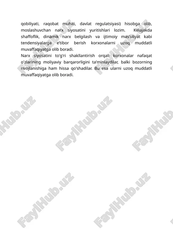 lotlar (masalan, yangi smartfonlar) uchun qo‘llaniladi. 4. kelajakdagi tendensiyalar va takliflar narx siyosati doimiy ravishda takomillashtirilishi kerak. kelajakda quyidagi tendensiyalar muhim bo‘ladi: dinamik narx belgilash: talab va taklifga qarab narxlar real vaqt rejimida o‘zgartiriladi. bu strategiya onlayn savdo va xizmatlar sohasida keng qo‘llaniladi. shaffof narx siyosati: mijozlar narxlarning adolatli ekanligiga ishonch hosil qilishni xohlashadi. shu sababli, korxonalar narx shakllanishini tushuntirishga e’tibor berishlari kerak. barqarorlik va ijtimoiy mas'uliyat: mijozlar barqarorlik va ekologiyaga e’tibor beradigan korxonalarni afzal ko‘radi. shu sababli, narx siyosati ijtimoiy mas'uliyatni hisobga olishi kerak. o‘zbekiston korxonalari uchun quyidagi takliflar beriladi: 1. raqamli texnologiyalardan foydalanishni kengaytirish (masalan, narx tahlili uchun ai vositalari). 2. mijozlar segmentatsiyasini chuqur o‘rganib, moslashuvchan narx strategiyalarini qo‘llash. 3. davlat bilan hamkorlikda narx regulatsiyasi bo‘yicha qulay shartlar yaratishga harakat qilish. xulosa samarali narx siyosati korxonaning moliyaviy barqarorligi va bozordagi muvaffaqiyatini ta’minlashda muhim ahamiyatga ega. narx belgilashda xarajatlar, talab va raqobatni muvozanatlash zarur. shu bilan birga, strategik maqsadlarga …