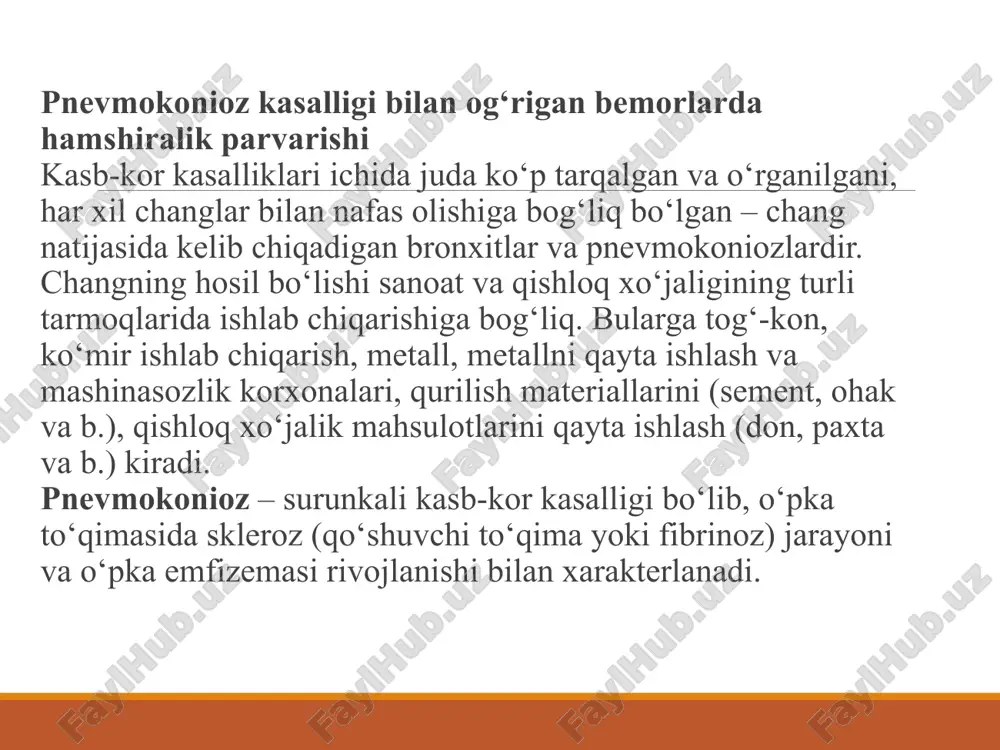 a, litiy ishlab chiqarish, keramika sanoatida ishlaydiganlarda uchrayli. kasallikning 1-bosqichi asosan kasb-kor zarralari omillari bilan 4–5 yil ishlagandan keyin aniqlanadi. so‘ng har 4–5-yilda 1-bosqich ikkinchisiga o‘tadi (tez rivojlanganda), har 10–20 yilda 1-bosqish ikkinchisiga o‘tadi (sekin rivojlangan turida). katta yoshdagi odamlarda, agar oldindan nafas olish tizimi kasalliklari bo‘lsa, kvars changlari konsentratsiyasi ortiq bo‘lsa, silikoz kasalligi bir necha oylarda ham boshlanishi mumkin. bu kasallikning xarakterli belgilaridan biri – ko‘krak qafasidagi og‘riqdir. silikozning eng ko‘p uchraydigan asorati tuberkulyoz bo‘lib, bu silikotuberkulyoz deb ataladi. bu kasallikda ko‘pincha spontan pnevmotoraks yuz beradi. pnevmoniya, bronxoektazlar juda kam uchraydi. silikoz fonida artrit rivojlanishi mumkin (turlar o‘zgargan holatda). bisinoz – paxta changi natijasida kelib chiqadigan kasallik bo‘lib, asosan klinik ko‘rinishi bronxospastik sindrom hisoblanadi. nafas qisish xuruji ish boshlangandan bir necha soat keyin boshlanadi (asosan ish haftasining boshida), odatda ish kunining oxirida to‘xtaydi. kasallikning rivojlangan davrida nafas qiyinlashadi, hansirash doimiy bo‘lib qoladi. nafas yetishmovchiligi kuchayib boradi, o‘pka gipertenziyasi rivojlanadi …