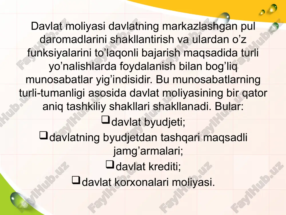 ika byudjetidan qoraqalpog'iston respublikasi byudjetiga, viloyatlar va toshkent shahar mahalliy byudjetlariga, davlat maqsadli jamg'armalariga hamda buning aksicha o'tkaziladigan, shuningdek qoraqalpog'iston respublikasining respublika byudjetidan, viloyatlarning viloyat byudjetlaridan va toshkent shahrining shahar byudjetidan tumanlar va shaharlar byudjetlariga hamda buning aksicha o'tkaziladigan mablag'lar o'zbekiston respublikasi byudjet kodeksi 3-modda byudjetlararo transfertlar shakllari:byudjetlararo transfertlar shakllari: subventsiyao'tkazib beriladigan daromadlar dotatsiya byudjet ssudasi byudjetlararo o'zaro hisob-kitoblar maqsadli ijtimoiy transfertlar tartibga soluvchi byudjetlararo transfertlar byudjetlararo trasnfertlarbyudjetlararo trasnfertlar dotatsiyamaqsadli ijtimoiy transfertlarsubventsiya muayyan maqsadlarga sarflash sharti bilan yuqori turuvchi byudjetdan quyi turuvchi byudjetga qaytarmaslik sharti bilan ajratiladigan pul mablag'lari yuqori turuvchi byudjetdan quyi turuvchi byudjetga ta'lim va tibbiyot muassasalarining ish haqi va yagona ijtimoiy to'lovlar bo'yicha xarajatlarini qoplash uchun ajratiladi byudjet tizimi byudjetlariga ularning o'z daromadlari etishmagan taqdirda daromadlar bilan xarajatlar o'rtasidagi farqni qoplash uchun qaytarmaslik sharti bilan ajratiladigan pul mablag'lari byudjetlararo trasnfertlarbyudjetlararo trasnfertlar o'tkazib beriladigan daromadlar byudjetlararo o'zaro hisob- kitoblar byudjet ssudasi qaytarish sharti bilan yuqori turuvchi byudjetdan quyi …