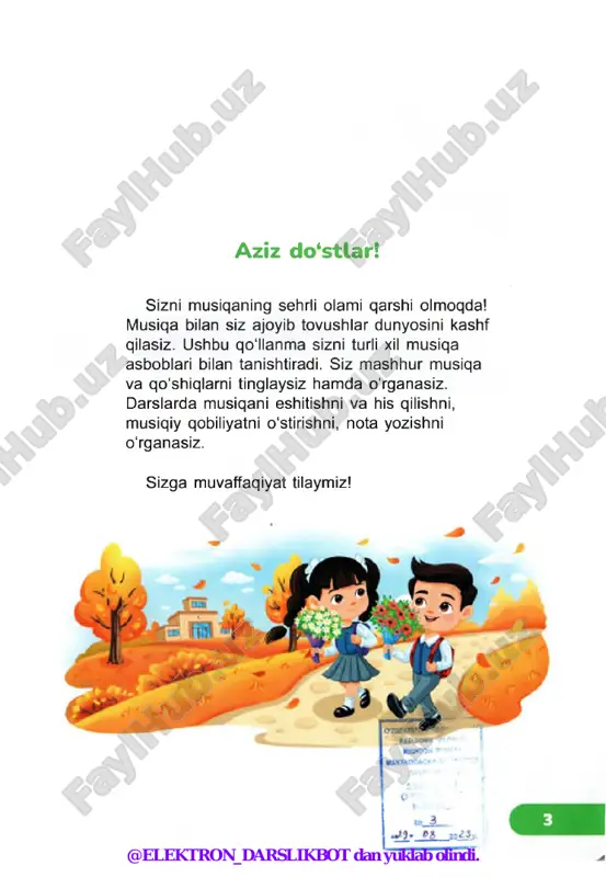 riq ko'zlari misoli tariq. @elektron_darslikbot dan yuklab olindi. birga qo'shiq kuylaymiz 6-dars har kun ularga don oberaman. yo'qolmasin deb, sanab qo'yaman. naqarot: jo‘ja, jo ‘ja, jo'jalarimning patlari sariq. sariq ko'zlari misoli tariq. @elektron_darslikbot dan yuklab olindi. 7-8-darslar musiqa bilan tanishuv musiqiy tovushlar olami musiqiy tovushlar baland, o‘rta va past bo‘ladi. “teremok” ertagini bilasizmi? ovozingizni ushbu ertak qahramonlariga o‘xshatib chiqarib ko‘ring. sichqoncha va qurbaqaga qanday tovush mos keladi, balandmi yoki pastmi? bo‘ri va ayiqqa-chi? @elektron_darslikbot dan yuklab olindi. musiqa bilan tanishuv 7-8-darslar & 1 asarda qaysi hayvonlar tovushini eshitdingiz? 2 musiqaning qaysi joyida tovushlar past bo'ldi, qaysi joyida - baland? tez aytishni yodlang. oq choynakka ko‘k qopqoq, ko‘k choynakka oq qopqoq. musiqa sokin yoki baland bolishi mumkin. bu “ovoz kuchi” deyiladi. musiqada baland tovushlar f (forte) bilan, sokin tovushlar esa p (piano) bilan belgilanadi. bu so‘zlar italyan tilidan olingan. bastakor j.bizening “tog'larda tong” asarini tinglang. v d a v □ bastakor …
