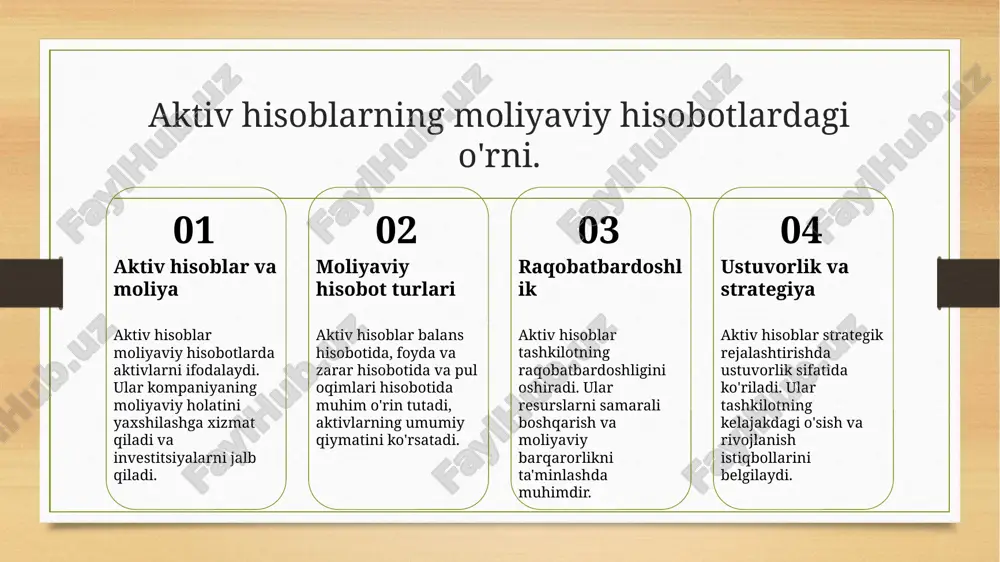 him rol o'ynaydi, chunki ular tashkilotning moliyaviy holatini va majburiyatlarini aniq aks ettiradi. 04 risklarni boshqarish passiv hisoblar orqali tashkilotlar o'z moliyaviy risklarini boshqarishda yordam oladi, bu esa ularning uzoq muddatli muvaffaqiyatini ta'minlaydi. passiv hisoblar: muvozanat va moliyaviy barqarorlik. 01 passiv hisoblar ta'rifi passiv hisoblar, moliyaviy majburiyatlar va hech qanday foyda keltirmaydigan resurslarni o'z ichiga oladi, bu esa tashkilotning moliyaviy holatini belgilaydi. 02 muvozanatning ahamiyati passiv hisoblar muvozanati, aktivlar va majburiyatlar o'rtasidagi tenglikni ta'minlaydi, bu esa moliyaviy barqarorlikni saqlashda muhimdir. 03 moliyaviy barqarorlik passiv hisoblar moliyaviy barqarorlikni ta'minlaydi, chunki ular tashkilotning qarz va majburiyatlarini boshqarish imkoniyatlarini oshiradi. 04 passiv hisoblar va risklar passiv hisoblar yuqori darajadagi qarz va moliyaviy risklarni ko'rsatishi mumkin, bu esa tashkilotning barqarorligini tahdid ostiga qo'yishi mumkin. passiv hisoblarning turlari va ularning xususiyatlari. 1 passiv hisoblar: ta'rifi passiv hisoblar, tashkilotlarning moliyaviy majburiyatlarini ifodalaydi. ular, xarajatlar va qarzlar kabi, kelajakdagi chiqimlarni ko'rsatadi. 2 passiv hisoblar turlari passiv hisoblar …