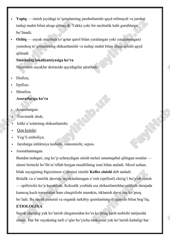 ukni ko’taradigan yoki uning mustahkamligi pastroq bo’lgan joylardir. eng keng tarqalgan sinishlar quyidagilarni o’z ichiga oladi:  bilak suyagining sinishi. 70% hollarda bu ekstenzion sinishdir;  yelka suyagining xirurgik bo’yni sinishi;  kichik boldir suyagi o’rta uchdan bir qismimomg parchalanib sinishi  . boshqacha nomi «bamperli sinish», ko’proq avtohalokatlarda qayd qilinadi;  medial va lateral to’piqlarning sinishi;  son bo’yinchasi sinishi. tuzatish qiyin bo’lgan, ayniqsa keksa yoshdagi kishilarda ko’p uchraydigan jarohat. davolashning eng samarali usullaridan biri — sun’iy chanoq-son bo’g’imi o’rnatishdir;  kalla suyagining turli sinishlari. patogenezi suyak to’qimasi mineral va organik tarkibiy qismlardan tashkil topgan. suyakning tarkibi juda murakkab, organik qism umumiy massaning 30 foizi, minerallar 60 foizi, suv 10 foizni egallaydi. mineral komponentlar mustahkamlik beradi va asosan kaltsiy, fosfor va mikroelementlardan iborat. organik komponent kollagendan iborat bo’lib, suyakni yanada egiluvchan qiladi. kollagen cho’zilganda mustahkamligi 150 kg / sm2, kesilganda 680 kg / sm2, uziluvchanligi darajasi — 20-25% ni …