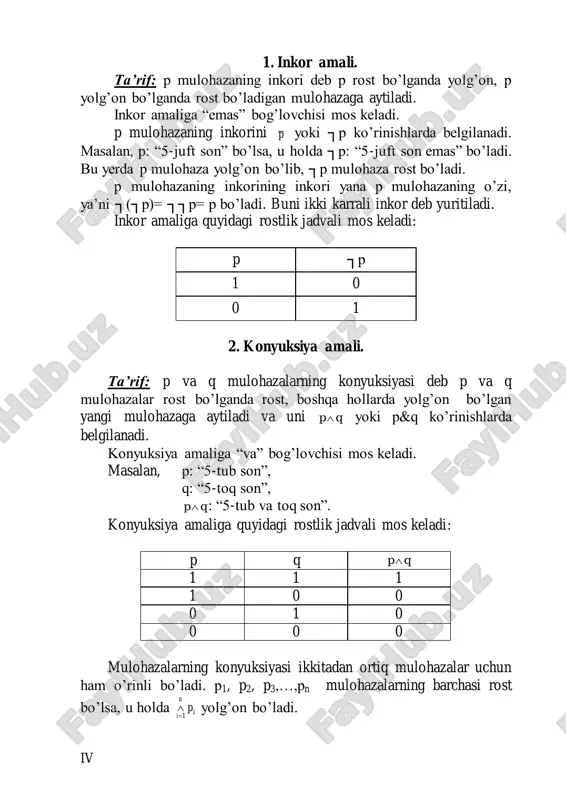 ntiqi kamchiliklarga ega, ya’ni uning yordamida ob’yektlarning xossalari va ular orasidagi munosabatlarni yoritish mumkin emas. bunday kamchiliklarni bartaraf qilishda peridikat tushunchasi muhimdir. ta’rif: tarkibida erkin o’zgaruvchilar qatnashib, bu o’zgaruvchilarning qabul qilish mumkin bo’lgan qiymatlarida muloxazaga aylanadigan darak gapga predikat deyiladi. x ob’yektning biror p xossaga ega bo’lishi p(x) kabi belgilanib, uni bir o’rinli predikat deyiladi. predikat ikki, uch, ...,n o’rinli ham bo’lishi mumkin. n o’rinli predikat p(x1, x2, …, xn) orqali belgilanib, bu predikat biror a to’plamning x1, x2, …, xn elementlari orasidagi p munosabatni bildiradi. bir o’rinli predikatni unar, ikki o’rinli predikatni binar, uch o’rinli predikatni ternar predikatlar deyiladi. nol o’rinli predikat o’zgarmas muloxazani bildiradi. masalan, p(x): “x – tub son” – bir o’rinli predikat, p(x; y): “x+y=5” – ikki o’rinli predikat, p(x; y; z): “x+2y+z=0” – uch o’rinli predikat bo’ladi. ta’rif: m to’plamning p(x) predikatni rost muloxazaga aylantiruvchi d qism to’plamiga p(x) predikatning rostlik sohasi deyiladi. ix ta’rif: …