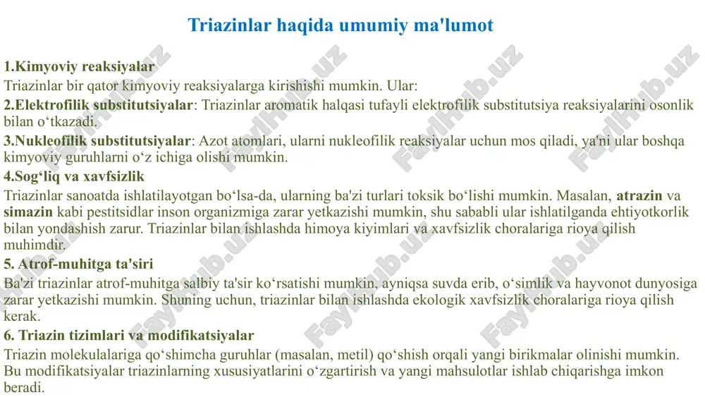 triazinlar. 1,3,5-triazin (simm-triazin) molekulasining tuzilishi va xususiyatlari - Page 4