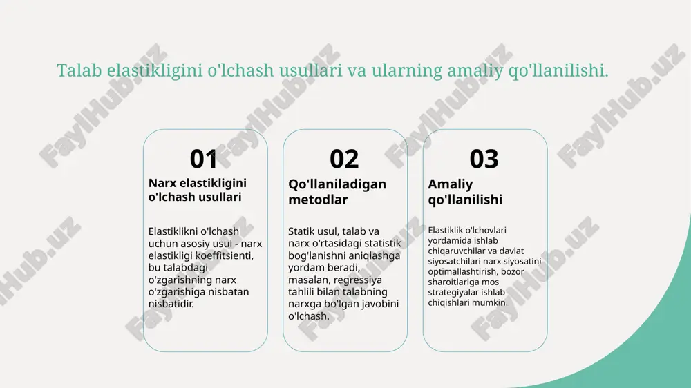 haroitlariga moslashishni belgilaydi. bozor muhitiga qarab, kompaniyalar narx va ishlab chiqarishni moslashtiradi, bu iqtisodiy barqarorlik uchun muhim. 02 strategik narx belgilash elastiklik darajasi narx siyosatini aniqlashda yordam beradi. elastik bozorlar uchun narxni oshirish xarajatlarni oshirishi mumkin, ozishga esa talabning pasayishini keltirib chiqaradi. 03 bozor raqobatini boshqarish raqobat muhitida elastiklikni tushunish, kompaniyalarga o'z mahsulotlarini qanday narx bilan taqdim etishni va raqobatchilarga nisbatan strategiyalar ishlab chiqishni osonlashtiradi. narx o'zgarishlarining iqtisodiy siyosat va xarajatlar bilan bog'liqligi 1 narx siyosatining roli narx o'zgarishlari iqtisodiy siyosatga bog'liq bo'lib, davlat soliqlari, subsidiyalar va narx chegaralarini belgilash orqali bozorni tartibga soladi. 2 xarajatlar va narxlar xarajatlar oshishi yoki kamayishi narxlarni ta'sir qilishi mumkin, bu esa talab va taklif elastikligini o'zgartiradi va bozor muvozanatini buzadi. 3 elastiklik va siyosat elastiklik darajasi siyosatchilarga narx va xarajatlarni qanday boshqarish kerakligini aniqlashda yordam beradi, masalan, soliqlarni yoki subsidiyalarni belgilashda. talab va taklif elastiklikining mamlakat iqtisodiyotidagi roli va uzbekistan misollari 1 mamlakat …