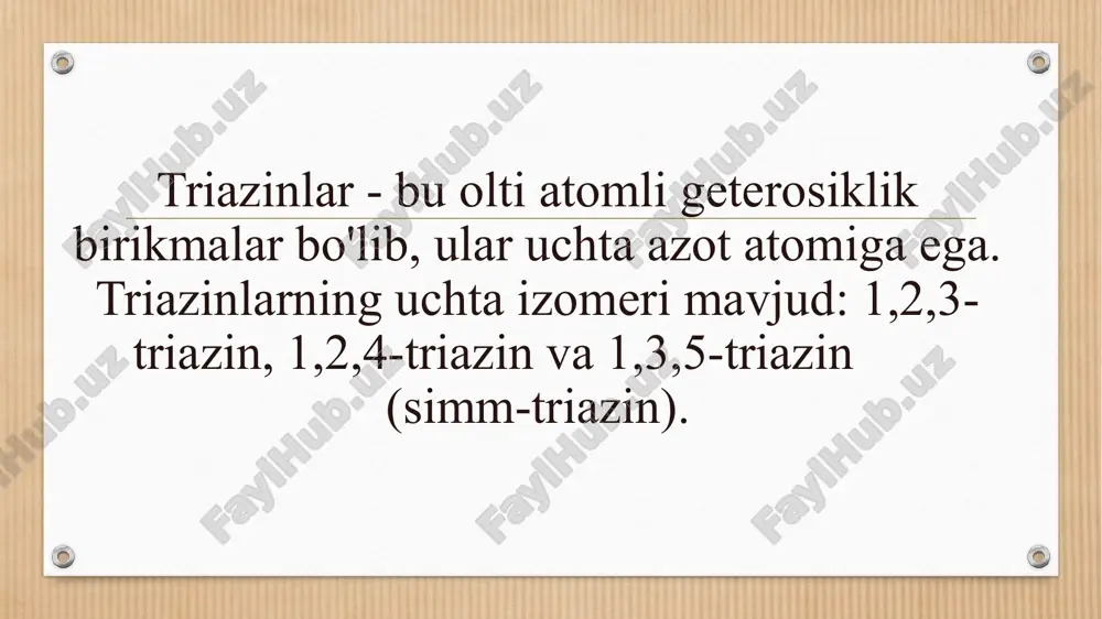 triazinlar. 1,3,5-triazin molekulasining tuzilishi, olinish usullari, kimyoviy xossalari - Page 4