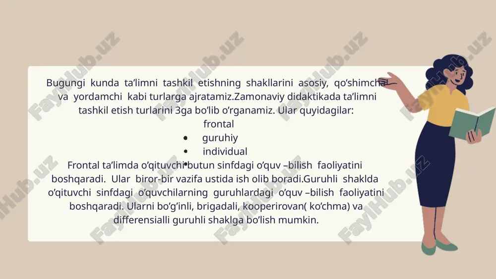 alashtirilgan ta’lim; dasturiy ta’lim; kompyuter ta’limi; mustaqil ta’lim, hamkorlik ta’limi, individual ta’lim; faol o‘qitish bir xil yosh va taxminan bir xil tayyorgarlik darajasiga ega bo‘lgan o‘quvchilardan tarkib topadi va bu tarkib ta’limning umumiy davrida doimiy tarkibini saqlaydi; o‘quv faoliyati yagona yillik reja va dasturga ko‘ra turg‘un dars jadvali bo‘yicha tashkil etiladi; o‘quvchilar maktabga yilning bir vaqtida va belgilangan soatlarida keladilar; o‘quv mashg‘ulotining asosiy birligi dars hisoblanadi; dars odatda muayyan fanlar bo‘yicha tashkil etiladi; o‘quvchilar sinfda bitta material ustida ishlaydilar; o‘qituvchi o‘quvchilar faoliyatiga rahbarlik qiladi; u o‘z fanibo‘yicha har bir o‘quvchining bkmni baholaydi va yil oxirida o‘quvchini keyingi sinfga o‘tishi haqida qaror qabul qiladi o‘ziga xos xususiyatlar zamonaviy darslar o’tish haqida fikrlarimga xulosa yasab, shuni aytib o’tmoqchimanki, bugungi zamonaviy pedagogik texnologiyalar orqali dars o’tish o’quvchilar ongini rivojlantirish, ularda mustaqil fikrlash, mantiqiy tafakkur yuritishni shakllantirish va rivojlantirishi uchun xizmat qilihi kerak. o’qituvchi dars o’tar ekan, o’quvchi qiziqishi uyg’otish asosiy masala bo’lishi kerak. …