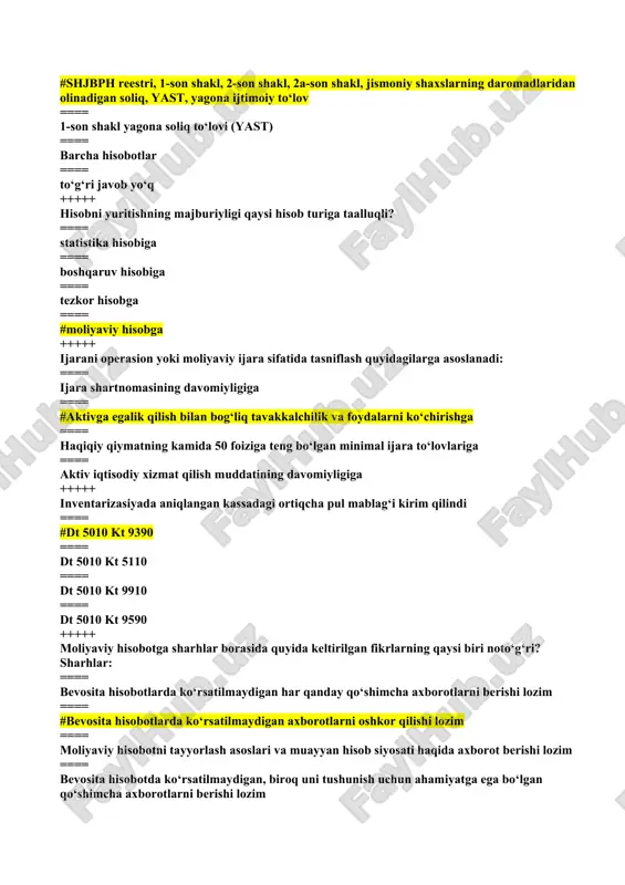 isoblanadigan foizdir ==== foiz hisoblanadigan summaning davrdan davrga o‘zgarib borishi sharti bilan bir va undan ortiq davrlar uchun hisoblanadigan foizdir ==== #har bir davr nihoyasiga etganidan keyin ushbu davrga oid foizlarni kelgusi davrlarda foiz hisoblanadigan summaga qo‘shish sharti bilan ikki va undan ortiq davrlar uchun hisoblanadigan foizdir +++++ quyida sanab o‘tilgan tashkilotlarning qaysi biri har yilgi majburiy auditdan o‘tkazilishi lozim? ==== har qanday yuridik shaxslar ==== #barcha aksiyadorlik jamiyatlari ==== barcha xo‘jalik shirkatlari va jamiyatlari ==== barcha mas’uliyati cheklangan jamiyatlar +++++ quyidagi fikrlarning qaysi biri o‘rinli? pul mablag‘larining ekvivalent - bu: ==== #boshqa korxonalar aksiyalariga yo‘naltirilgan investisiyalar, pul o‘tkazmalari, cheklardir ==== tezlik bilan pulga aylantirish mumkin bo‘lgan qisqa muddatli yuqori likvidli investisiyalardir ==== 6 oy va undan ortiq muddatga joylashtirilgan bank depozitlaridir ==== cheklardir +++++ quyidagi operasiyalarning qaysi biri balansda ham aktivlarni va majburiyatlarni kamaytiradi? ==== debitorlik qarzining olinishi ==== ijara uchun oldindan haq olish ==== #kreditorlik qarzini to‘lash ==== …
