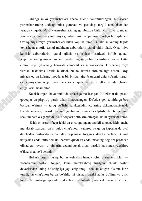adi. sudralib yuruvchilarning hid bilish organi amfibiyalarga qaraganda ancha yaxshi taraqqiy etgan. 5.ovqat hazm qilish organlari. ovqat hazm qilish organlari. kaltakesaklarning ovqat hazm qilish yo`li og`iz bo`shlig`idan boshlanadi. og`iz bo`shlig`ining tagida harakatchan muskulli til joylashadi. og`iz bo`shligi nisbatan uzungina q`izilo`ngachga, q`izilo`ngach esa oshqozonga ochiladi. oshqozondan boshlangan ichak ingichka va yo`g`on ichaklarga bo`linadi, bularning chegarasida ko`richak kurtagi bor. jigarning o`t suyuqligi va oshqozon osti bezlarining chiqarish yo`llari ingichka ichak bo`shlig`iga ochiladi. hazm qilish yo`li amfibiyalarga nisbatan ancha takomillashgan va bu hazm qilish yo`lining qismlarga bo`linishida va yangi qismlar paydo bo`lishida ko`rinadi. o`ziq ko`p sonli o`tkir tishlar bilan qurollangan jag`lar yordamida ushlab olinadi. tishlar jag` va tanglay suyaklariga birikadi, faqat timsohlarning tishlari maxsus chuqurcha (al`veola)larda joylashadi. hozirgi sudralib yuruvchilarning tishlari deyarli bir xil, faqat ba`zi ilonlarda ixtisoslashgan yirik juft zahar tishlar taraqqiy etadi. tishlar, asosan oziqni ushlash va tutib turish uchun ishlatiladi. timsohlar va toshbaqalar katta o`ljadan bir bo`lagini uzib olish qobiliyatiga …