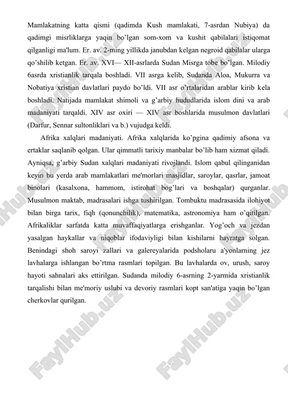 va niqoblar ifodaviyligi bilan kishilarni hayratga solgan. benindagi shoh saroyi zallari va galereyalarida podsholaru a'yonlarning jez lavhalarga ishlangan bo’rtma rasmlari topilgan. bu lavhalarda ov, urush, saroy hayoti sahnalari aks ettirilgan. sudanda milodiy 6-asrning 2-yarmida xristianlik tarqalishi bilan me'moriy uslubi va devoriy rasmlari kopt san'atiga yaqin bo’lgan cherkovlar qurilgan.