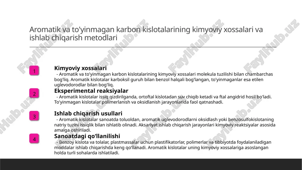 nish qoidalari molekulaning uglerod atomlari va bog'lar soniga asoslanib, sistematik nomlar tayyorlanadi. bu jarayon izomerlarga xos aniq nom berishni ta'minlaydi. 04 xos xususiyatlar izomerlarda molekula strukturasi va fizikaviy xossalar o'ziga xos. bu izomerlarga nisbatan kimyoviy reaksiyalar va foydalanish imkoniyatlarini belgilaydi. to'yinmagan karbon kislotalarning kimyoviy xossalari va tozalanish usullari 1 kimyoviy xossalari to'yinmagan karbon kislotalarining asosiy xossasi, ularning kuchli kislota sifatida molekulasida bo'lishi va suvda yaxshi eriydigan kristal shaklida bo'lishidir. 2 tozalanish usullari bu kislotalar, ayniqsa, kristall moddalarda bo'lsa, yuqori haroratda qizdirilganda, ortoftal kislotadan suv chiqib ketib, ftal angidrid hosil qiladi. bu jarayon yordamida tozalanadi. 3 kimyoviy reaksiyalar to'yinmagan karbon kislotalar dissotsilanish jarayonida ikki bosqichda reaktsiyaga kirishadi, bu esa ularning kuchli kislota xususiyatlarini oshiradi va sanoatda turli mahsulotlarga aylantiriladi. aromatik kislotalarning kimyoviy xossalari va sanoatdagi ishlab chiqarish usullari 01 kimyoviy xossalari aromatik kislotalar, karboksil guruh bilan benzol halqasiga bevosita bog'langan bo'lib, rangsiz kristal shaklida bo'ladi. ular suvda yaxshi eriydi va kimyoviy …