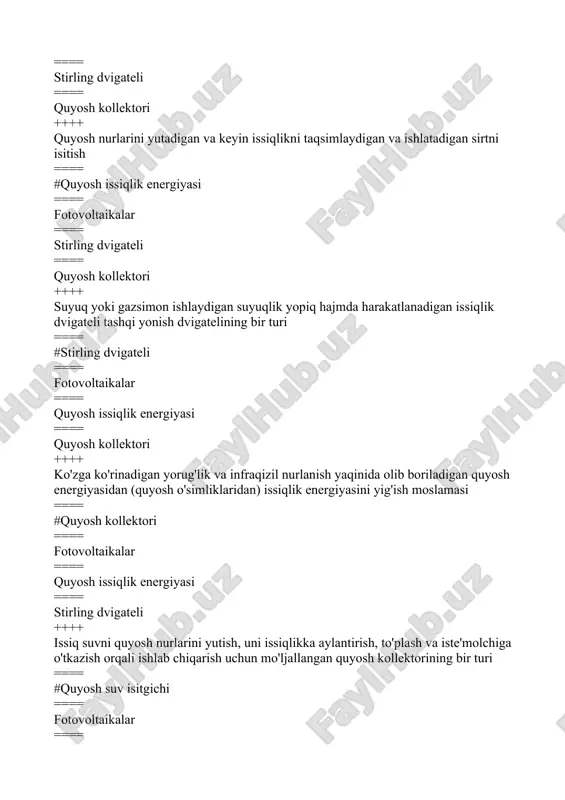 ish ==== #quyosh issiqlik ta'minoti ==== quyosh elektr stantsiyasi ==== quyosh yoqilg'isi elektr stantsiyasi ==== quyosh issiq suv ta'minoti ++++ turli iste'molchilarning maishiy va texnologik ehtiyojlarini qondirish uchun suvni isitish uchun quyosh nurlari energiyasidan foydalanish ==== #quyosh issiq suv ta'minoti ==== quyosh elektr stantsiyasi ==== quyosh yoqilg'isi elektr stantsiyasi ==== quyosh issiqlik ta'minoti ++++ konditsioner, oziq-ovqat mahsulotlarini saqlash va boshqalar uchun sovuqni hosil qilish uchun quyosh energiyasidan foydalanish ==== #quyoshni sovutish ==== quyosh elektr stantsiyasi ==== quyosh yoqilg'isi elektr stantsiyasi ==== quyosh issiqlik ta'minoti ++++ to'g'ridan-to'g'ri konvertatsiya qilishning turli xil fizik printsiplariga asoslangan quyoshdan elektrga energiyani konvertori ==== # quyosh elementi ==== quyosh pv xujayrasi ==== ikki tomonlama quyosh xujayrasi ==== termoelektrik quyosh xujayrasi ++++ fotoeffekt quyosh batareyasi ==== # quyosh pv xujayrasi ==== quyosh elementi ==== ikki tomonlama quyosh xujayrasi ==== termoelektrik quyosh xujayrasi ++++ ikki tomonlama yorug'likka sezgir bo'lgan quyosh xujayrasi ==== # ikki tomonlama quyosh xujayrasi ==== …