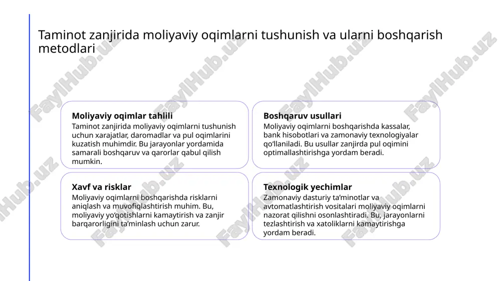 h tizimlari qo’llaniladi. bu usullar yordamida moliyaviy oqimlar samarali boshqariladi. 3 raqamli texnologiyalar va avtomatlashtirish - zamonaviy texnologiyalar yordamida xarajatlarni kuzatish va tahlil qilish jarayonlari tez va aniq amalga oshiriladi. bu usullar moliyaviy samaradorlikni oshirishga yordam beradi. inventarizatsiya va moliyaviy monitoring orqali zanjirni optimallashtirish inventarizatsiya jarayoni inventarizatsiya jarayoni zanjirdagi buyumlar va mahsulotlarni aniq hisobga olish uchun muhim. bu jarayon moliyaviy monitoring bilan birga, to'g'ri qarorlar qabul qilish imkonini yaratadi. moliyaviy monitoring tizimi moliyaviy monitoring yordamida xarajatlar, daromadlar va inventarizatsiya holati doimiy nazorat ostida bo'ladi. bu, zanjirdagi muvofiqlik va samaradorlikni ta'minlaydi. zanjirni optimallashtirish inventarizatsiya va moliyaviy monitoring orqali zanjirdagi resurslar samarali taqsimlanadi, inventarizatsiya kamchiliklari bartaraf etiladi va xarajatlar kamayadi. taminot zanjiridagi risklarni aniqlash va moliyaviy oqimlarni muvofiqlashtirish metodlari tashqi risklar taminot zanjiridagi tashqi risklar, masalan, ta’minotchi muammolari yoki bozor o’zgarishlari, moliyaviy oqimlarni noaniqlikka olib kelishi mumkin. bu risklarni aniqlash uchun muntazam monitoring va bozor tahlil qilish zarur. ichki xatarlarga javob ichki …
