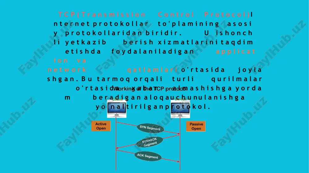 b) 2. yig'iluvchan qatlim - ba'zi turing ma'lumotlarni bo'luvchan holatga keltirish (beriladigan raqamli buyruqlar) 3. aloqa qatlimi - ip-protokollari va icmp protokollari. 4. transport qatlimi - tcp va udp protokollari. 5. sessiya qatlimi - aloqalar o'tkazmalarini tuzish (masalan http-session'lar) 6. presentatsiya qatlimi - ma'lumotlarni bajargan joyga mos keluvchi formatni namoyish qilish (masalan, ma'lumotlarni shifrlash, packing va unpacking, va boshqalar) 7. ma'lumotlar qatlimi - ma'lumotlar bazasida ishlash (masalan, sql to'plamlari) bu modellar kompyuter tarmoqlarini tashkil qilishda bajariladigan amaliyotlarni va protokollarni tartibga solishda qo'llaniladi. tcp/ip modelli dunyoviy tarmoqlar (masalan, internet) uchun o'zaro muomalani tuzatishda, esa osi modellari kompyuter tarmoqlari uchun yuritiladigan sohalarda, to'g'ri e'tibor berish usullarini taqdim etadi. tarmoq standartlarini tartibga soluvchi qo’mitalar. 1. international organization for standardization (iso) - bu orqali tarqatilgan standartlar ommaviy tarmoqlar, internet protokollar va tarmoq texnologiyalari kabi ko‘plab tarmoq standartlarini o‘z ichiga oladi. bu institutning yaratilgan standart nomlari, 7-qatlamli osi arxiv ma'lumotlarini yaxshilaydi. 2. institute of electrical …