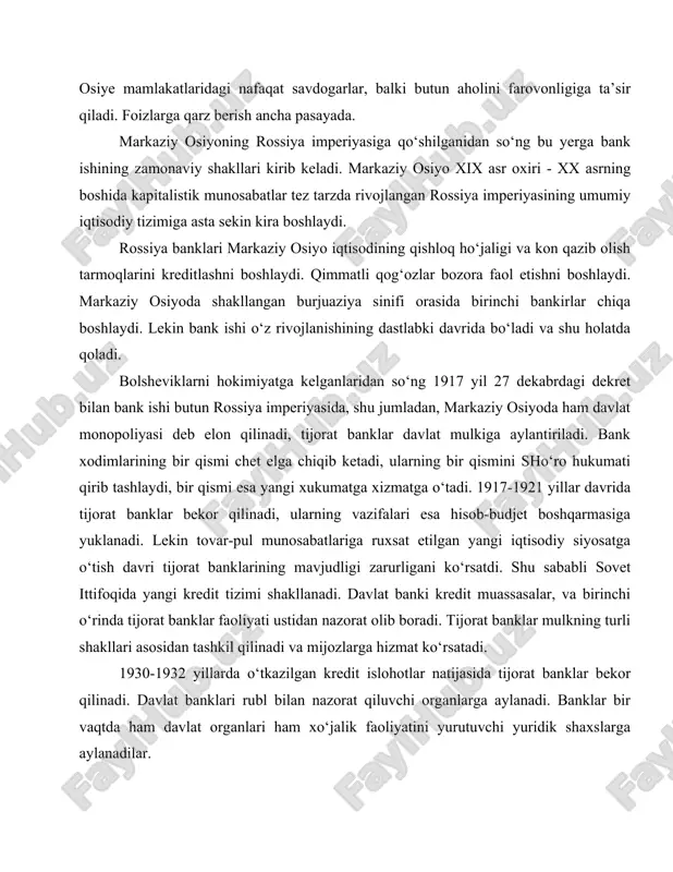slarga aylanadilar. sobiq sovet ittifoqida bank tizimi va bank ishi kapitalistik davlatlar bank tizimi va bank ishi tashkil qilish prinsiplaridan alohida prinsiplar asosida tashkil qilingan. chor rossiyasida bank faoliyati tarmog‘ida bo‘lgan munosabatlarni sovet ittifoqida davlat reja ko‘rsatqichlaridan kelib chiqib ma’muriy-buyruqbozlik uslubi bilan tartibga solgan. kreditlash tarmokdari va hajmi reja tartibida aniqlangan, sotsialistik korxonalar o‘rtasidagi hisob-kitoblarga hamma korxonalar davlat mulki hisoblanganligi sababli yetarli ahamiyat berilmagan. sobiq sovet ittifoqida tijorat banklarga «chirayottan kapitaliz» iqtisodining bir elementi sifatida munosabat bo‘lgan. tijorat banklar yuragini tashkil qilgan katga moliyaviy korporyatsiyalarni boshqaradigan iste’dodli va tajribali moliyachilar million mehnatkashlarni qonini ichadigan kakapitalizm «akulalari» deb elon kilingan. tijorat banklarning tashkil qilinishi va faoliyati uchun na qonuniy na iqtisodiy sharoitlar bo‘lgan. kommunistik partiya tomonidan shakllintirilgan jamiyatdagi fikr banklar boshqa bozor iqtisodi elemementlari qatorida qoralagan. 1987 yilga qadar sobiq sovet itgifoqida uchta bank faoliyat ko‘rsatgan. bu davlat banki, sanoat-qurilish banki va tashqi savdo banki. sovet itgifoqi kommunistik partiyasining markaziy qo‘mitasi …