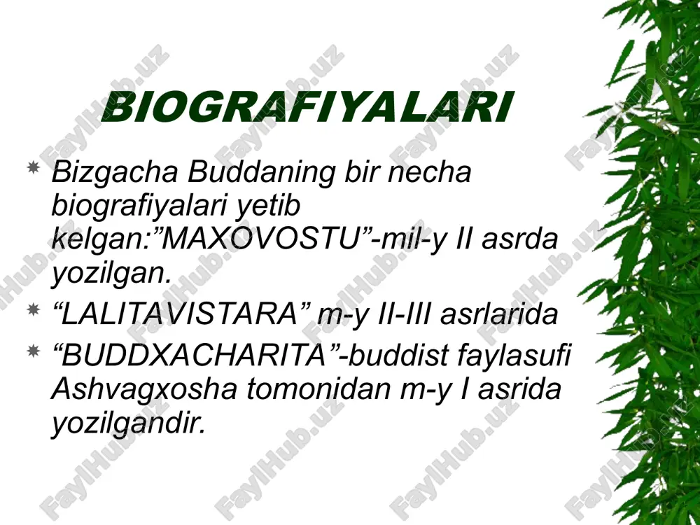 u%26lr%3d%26sa%3dn http://images.google.co.uz/imgres?imgurl=http://img2.travelblog.org/photos/2540/6125/t/22650-me-near-the-big-budda-and-his-shrine-0.jpg&imgrefurl=http://www.travelblog.org/asia/thailand/lower-southern-gulf/ko-samui/blog-6125.html&usg=__-hxlefu1dbut4v4lgsfqwdix_b4=&h=225&w=300&sz=13&hl=ru&start=748&um=1&tbnid=snyni_k2_1kzsm:&tbnh=87&tbnw=116&prev=/images%3fq%3dbudda%26start%3d740%26ndsp%3d20%26um%3d1%26hl%3dru%26lr%3d%26sa%3dn http://images.google.co.uz/imgres?imgurl=http://image14.webshots.com/15/4/11/44/172741144yadbni_fs.jpg&imgrefurl=http://travel.webshots.com/photo/1172741144058131561yadbni&usg=__zahbmjsmed4epoxpki6dfv5ihgw=&h=1728&w=2304&sz=468&hl=ru&start=926&um=1&tbnid=uxjxl_y09yieom:&tbnh=113&tbnw=150&prev=/images%3fq%3dbudda%26start%3d920%26ndsp%3d20%26um%3d1%26hl%3dru%26lr%3d%26sa%3dn xayot-bu azob- uqubat va najot yo`li mavjud http://images.google.co.uz/imgres?imgurl=http://blogs.klerk.ru/images/attach_orig/15797.jpg&imgrefurl=http://blogs.klerk.ru/users/548/tag/%25e2%25fc%25e5%25f2%25ed%25e0%25ec&usg=__8yytyukn5ganew2sfupy_grvyna=&h=600&w=800&sz=92&hl=ru&start=563&um=1&tbnid=5ey7fbt6khla2m:&tbnh=107&tbnw=143&prev=/images%3fq%3dbudda%26start%3d560%26ndsp%3d20%26um%3d1%26hl%3dru%26lr%3d%26sa%3dn ta`limoti  u vedalardagi gunohsizlik ta`limotini inkor qildi.  hayvonlarni vaxshiyona qurbon qilishni qoraladi.  varna tizimini va undagi ruhoniylarning boshqalardan ustunligini inkor qildi.  budda “yaratuvchi oliy kuch” ning borligiga shubha va ishonchsizlik bildirgan.  inson o`ziga hos mavjudot, tug`iladi, o`zini-o`zi halok qiladi yoki qutqaradi. to`rt haqiqat  azob-uqubat mavjuddir.  qiynoqlarning sabablari mavjuddir.  qiynoqlarni tugatish mumkin.  qiynoqlardan qutulish yo`li mavjuddir. http://images.google.co.uz/imgres?imgurl=http://img-fotki.yandex.ru/get/11/taurus-foto.8/0_4644_f59897d6_orig&imgrefurl=http://fotki.yandex.ru/tags/%25d0%25ba%25d0%25b8%25d1%2582%25d0%25b0%25d0%25b9/users/taurus-foto/view/17988%3fhow%3drating%26page%3d