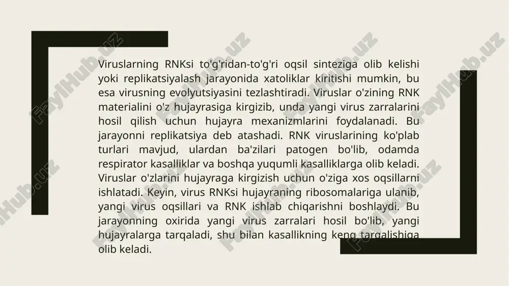 terialining to'liq tuzilishini aniqlash imkonini beradi. bu metod yordamida virusning genomini batafsil o'rganish mumkin, bu esa yangi virus variantlarini aniqlash va epidemiologik kuzatuvlarni olib borish uchun juda foydalidir. immunoassaylar (elisa) testlari rnk viruslarining antigenlarini aniqlashda ishlatiladi. bu testlar virus bilan infektsiyalangan odamning qonida mavjud bo'lgan maxsus proteinlar yoki antikorlarni aniqlash uchun qo'llaniladi. zamonaviy diagnostika usullari rnk viruslarini aniqlashda yuqori aniqlik va tezlikni ta'minlashi bilan birga, kasalliklarning erta bosqichlarida tashxis qo'yishga yordam beradi. maxsus profilaktika va davolash choralari – rnk viruslarining oldini olish va davolashga oid amaliy tadbirlar. rnk viruslarining oldini olish uchun asosiy profilaktik chora sifatida vaksinasiyalar keng qo'llaniladi. vaksinalar, masalan, gripp, koronavirus, va boshqa respirator viruslarga qarshi immunitetni shakllantirishga yordam beradi. vaksinalar organizmni virusga qarshi himoya qilish uchun antikorlar ishlab chiqarishni stimulyatsiya qiladi, bu esa kelajakda yuzaga keladigan infeksiya holatlariga qarshi himoya qilish imkonini yaratadi. virusli infektsiyalarni davolashda, asosan, virusga qarshi preparatlar, ya'ni antiviral dorilar ishlatiladi. bu dorilar rnk …