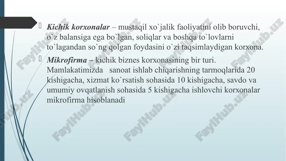 3650 tadan 2939 tasi) tadbirkorlik sub’ektlariga ijaraga berildi; - tashqi reklamani joylashtirish tariflari o`rtacha 20 dan 30 foizgacha pasaytirildi hamda ayrim hududlarning qishloq joylarda haq olish bekor qilindi. buning natijasida tashqi reklama beruvchi tadbirkorlarning ulushi 34 foizgacha oshdi; - tashqi reklamani joylashtirish qiymati toshkent , farg`ona, jizzax, namangan va navoiy viloyatlarining qishloq joylari uchun 50 foizgacha pasaytirildi; - elektr energiyasini oldi-sotti shartnomasida belgilangan hajmga nisbatan kam sarflanishi uchun jarimalar bekor qilindi va ortiqcha sarflash bo`yicha jarimalar 50 foizga qisqartirildi kichik biznes va tadbirkorlik sub’ektlarini moliyaviy jihatdan qo`llab-quvvatlash tadbirlari kuchaytirildi. xususan, 2009 yil davomida kichik biznes va xususiy tadbirkorlik sub’ektlariga 1 trln. 850 mlrd. so`mdan ortiq kreditlar ajratildi o`zbekistonda tadbirkorlik sub’ektlariga xizmat ko`rsatuvchi mavjud infratuzilma ob’ektlari (2010 yil 1 yanvar holatiga, birlikda infratuzilma ob’ekti nomi soni tijorat banklari filiallari 1042 minibanklar 2318 axborot-maslahat markazlari 262 konsalting markazlari 327 auditor firmalari 113 o`quv markazlari 917 baholash kompaniyalari 138 tovar xom ashyo birjasining …