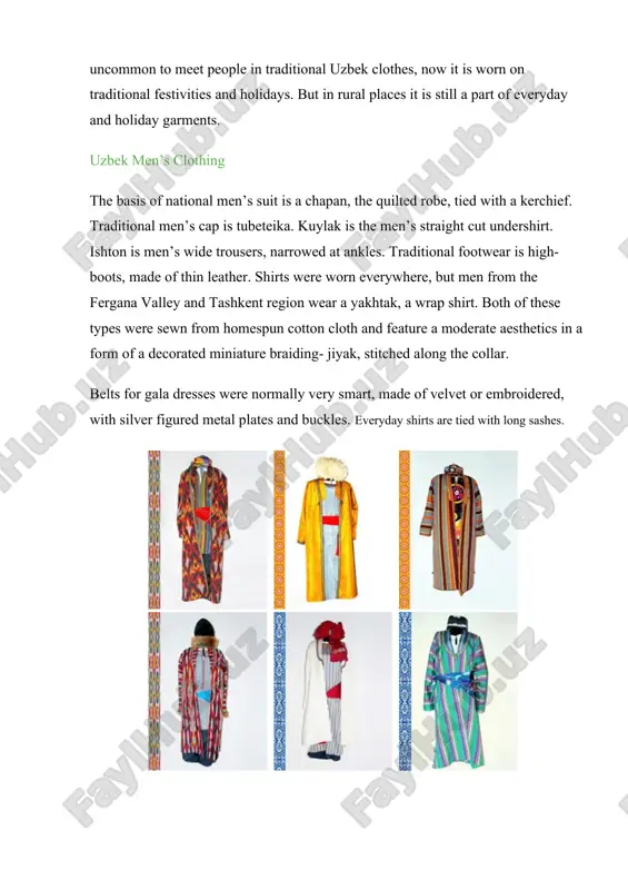 hes10.jpg http://www.advantour.com/img/uzbekistan/traditional-clothes/national_clothes12.jpg http://www.advantour.com/img/uzbekistan/traditional-clothes/national_clothes.jpg uzbek women’s clothing traditional uzbek women’s suit consists of plain khan-atlas tunic-dress and wide trousers. holiday garments were made of satin fabric richly embroidered with golden thread. women’s headdress consists of three elements: a skull-cap, kerchief and turban. an essential part of traditional holiday garments of uzbek women are gold and silver jewellery: earrings, bracelets, necklaces. surkhandarya women most of all prefer the colors of red nuance as a symbol of well-being. the embroidery pattern was chosen not by chance, it always had magic or practical function. one could judge about the owner’s social status by the patterns, though sometimes they bear other meanings. for instance, repeating geometrical pattern on the braiding was a something like an amulet clothing of black or dark blue colors was not popular in any region of uzbekistan due to a superstition. sogdian patterns have preserved the traces of zoroastrian influence. the …