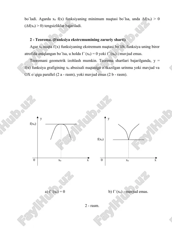 maydi. masalan, u = x4 funksiya uchun y`(x) = 4x3, y"(x) = 12x2, y`"(x) = 24x, y""(x) 24. y` = 0 tenglama yechimi x = 0 statsionar nuqtada y`(0) = y"(0) = y`"(0) = 0 va y""(0) = 24 > 0 bo`lgani uchun, uchinchi yetarli shartga ko`ra x = 0 - qat`iy minimum nuqta va y(0) = 0. 3. funksiyaning to`plamda eng katta va eng kichik qiymatlari amaliy iqtisodiyot, xususan optimatlash masalalarida funksiyaning v to`plamda eng katta va eng kichik qiymallarini, ya`ni global ekstrcmumlarini topish muhim ahamiyatga ega. bir o`zgaruvchili y = f(x) funksiya biror - bir v€r, to`plamda aniqlangan va x0 € v bo`lsin. agar liar bir x0 € v uchun f(x) ≤ f(x0) tengsizlik bajarilsa, x0 nuqtada f(x) funksiya o`zining eng katta fmax= f(x0) qiymatini qabul qiladi va aksincha, har bir x € v uchun f(x) > f(x0) munosabat o`rinli bo`lsa, u holda x() nuqtada f(x) funksiya o`zining …