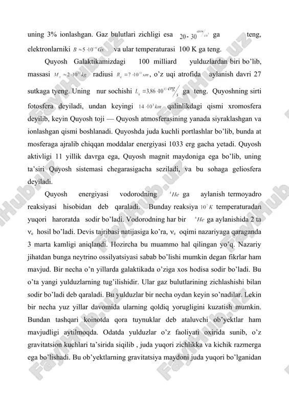 , katta tyezlikda aylanadilar. shu sababli ma’lum chastotali radionurlanish tarqatadilar. ular chastotasi 2 dan 200 gs gacha bo’lib, massasi quyosh massasiga tyeng, radiusi esa 10 — 30 km bo’ladi. pulsarlar sirtida magnit maydon kuchlanganligi 10 gs ga tyeng, hozirda ular koinot nurlarini tyezlatuvchi manbalardan biri sifatida qaralmoqda. endi koinot nurlarini yaxshiroq tushunish uchun metagalaktikadagi nurlanish spektrini qaraymiz. energiyasiga qarab bu nurlarni quydagi tartibda joylasht irish mumkin. 1.  nurlanish 2. rentgen nurlanish 1 ekv 1m, koinot da shunday obyekt lar borki ular radiodiapazonda optik diapazonga qaraganda ko’proq nur sochadilar. oddiy obyektlar (galaktikalar) optiq diapazonda radiodipazonga qaraganda million marta ko’proq nur sochadi. lekin bunday nurlanish elektronlarning obyektlar magnit maydonidagi harakati natijasida yuzaga keladi deb qaraladi. lekin ular tabiati hozirgacha noaniq. bunday yulduzsimon obyektlar kvazarlar deb ataladi. ular juda kam tarqalgan va juda uzoq masofalarda joylashgan. hozirda kvazarlar koinot nurlari generatori sifatida qaralmoqda. yerda hayotning paydo bo’lishidagi boshlang’ich qadam. yerda hayotning paydo …