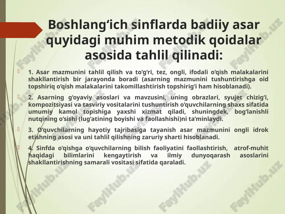 d va tarixiy mavzudagi ilmiy-ommabop asarlarni o‘qib o‘rganishda tabiat hodisalarini kuzatish (masalan, daraxt kurtaklarining bo‘rtishi), o‘quvchilarni dehqonlar mehnati bilan tanishtirish, mamlakatimizda yuz bergan o‘zgarishlarning guvohi va ishtirokchilari bo‘lgan insonlar bilan uchrashuvlar uyushtirish maqsadga muvofiq. ijtimoiy-tarixiy mazmundagi asarlar vatanimiz o‘tmishi, xalqimiz hayoti, mardonavor kurashi, ulug‘ siymolar amalga oshirgan ishlar, tarixiy sanalar to‘g‘risida bilim beradi. o‘qish darsliklaridan o‘rin olgan beruniy, ibn sino, amir temur, alisher navoiy, bobur va boshqa ajdodlarimiz haqidagi matnlar shular jumlasidandir. bu xildagi matnlar o‘quvchilarni nafaqat o‘tmishimiz bilan tanishtiradi, balki ularning vatan oldidagi farzandlik burchi va mas’uliyatini teran anglashga ham yordam beradi. o‘quvchilarda vatanga muhabbat tuyg‘usi shu tariqa shakllanadi. topishmoqlar narsa yoki hodisalarning ataylab yashirilgan belgisi, shakli, xatti-harakati, holati va vazifasini boshqa narsa yoki hodisalarga qiyoslash asosida topishga asoslangan she’riy yoki nasriy tuzilishdagi savol va topshiriqlardir. topishmoqlar xalq turmushi bilan chambarchas bog‘liq holda yaratiladi. ularning zaminida kishilarning qadimiy e’tiqod va tasavvurlari, olamni bilish va idrok etishga bo‘lgan intilishlari yotadi. …