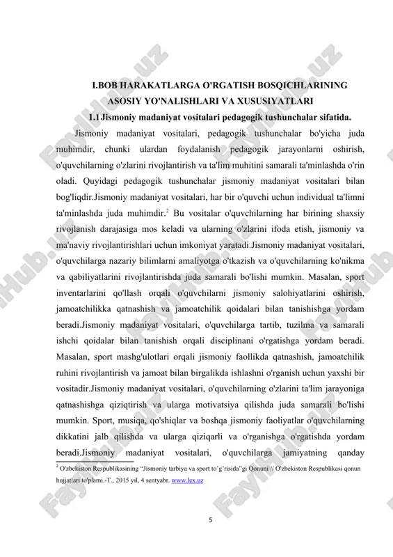 lishi, funktsiyalari va mukofotlari to'g'risida tushunchalarini oshiradi.shuningdek, jismoniy madaniyat vositalari o'quvchilarning jismoniy rivojlanishlarini oshirishda, jamiyatga qanday foydalanishlari kerakligini o'rgatishda va o'quvchilarning ta'lim muhitini qiziqtirishda muhim ro'lat o'ynaydi. bu yordamida pedagogik jarayonlar samaraliroq va o'quvchilar uchun yaxshi o'zgarishlarni ko'rishadi. [2: o'zbekiston respublikasining “jismoniy tarbiya va sport to’g’risida”gi qonuni // o'zbekiston respublikasi qonun hujjatlari to'plami.-t., 2015 yil, 4 sentyabr. www.lex.uz ] boshqacha qo'shimcha tushunchalar va jismoniy madaniyat vositalari orqali ta'limning samarali yuritilishi va o'quvchilarning o'zlarini rivojlantirishi: jismoniy madaniyat vositalari, o'quvchilarga qiziqarli va tinchlikli muhit yaratishda o'rin oladi. masalan, yoga, meditatsiya, va sport mashg'ulotlari o'quvchilarni stresni kamaytirish, tinchlik va barqarorlik hissini oshirishda muvaffaqiyatli bo'ladi.jismoniy madaniyat vositalari, guruh ishlarida hamkorlik va jamoatchilik ruhini rivojlantirishga yordam beradi. sport, rejissorlik, yondashuv va boshqa jismoniy faoliyatlar jamoat bilan birgalikda ishlash va komanda ahamiyatini o'rgatishda foydalaniladi.ba'zi jismoniy madaniyat vositalari, masalan, musiqa, rassomlik, yozuvchi, va boshqa ijodiy faoliyatlar, o'quvchilarni ijodiylik va tashqi fikrni rivojlantirishda yaratuvchilikni oshirishga yordam beradi.jismoniy madaniyat …