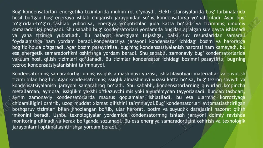 muhim rol o‘ynaydi. past bosimli ʻ sharoitda bug ning kondensatsiyalanish harorati pasayadi, bu esa samaradorlikni oshirishga yordam beradi. ʻ shuning uchun zamonaviy kondensatorlarda vakuum nasoslari va maxsus bosimni nazorat qiluvchi tizimlar ishlatiladi. vakuum darajasi yetarlicha yuqori bo‘lsa, bug kondensator ichida tezroq suyuqlikka aylanadi va ʻ sovutish jarayoni yanada samarali amalga oshadi.kondensatorning ishlash samaradorligi uning rejalashtirilgan ish sharoitlariga mos kelishini ta’minlash uchun muntazam ravishda hisoblab chiqiladi. agar hisob-kitoblar natijasida kondensatorning samaradorligi past bo‘lsa, uning o‘lchamlarini oshirish, sovutish tizimini takomillashtirish yoki quvurlar materialini yaxshilash kerak bo‘ladi. bundan tashqari, kondensatorni loyihalash jarayonida uning foydalanish muddati, texnik xizmat ko‘rsatish talablarini ham inobatga olish muhimdir. bug kondensatorining hisoblash metodikasi faqat nazariy hisob-kitoblardan iborat emas, balki amaliy sinovlar ʻ va eksperimental tahlillar bilan ham mustahkamlanadi. energetik tizimlar uchun ishlab chiqilgan har bir kondensator oldindan laboratoriya sharoitida sinovdan o‘tkaziladi va ularning haqiqiy ish samaradorligi baholanadi. ushbu sinovlar natijasida kondensatorning optimal parametrlari aniqlanadi va uni ishlab chiqarish jarayonida …