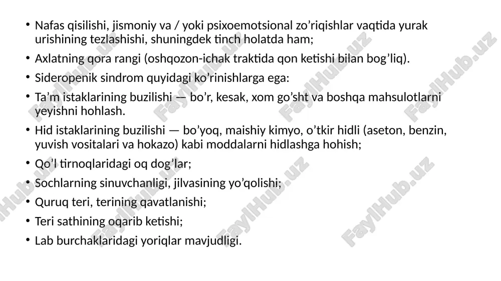 ide 3 slide 4 temir tanqisligi bilan farqlash kerak bo'lgan temir va / yoki u eritropoetik suyak iligi faoliyatiga qarab, temir tanqisligi ka kasallikning turli yosh guruhlarida tarqalishi chastotasi (%) slide 8 slide 9 slide 10 slide 11 diagnostika slide 13 slide 14 slide 15 slide 16